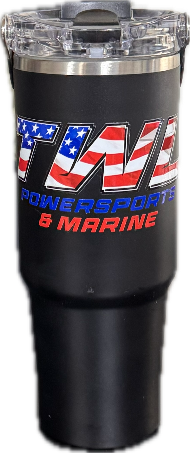 30oz POWDER COATED TRI-SIP TUMBLER - BLACK WITH TWL FLAG LOGO