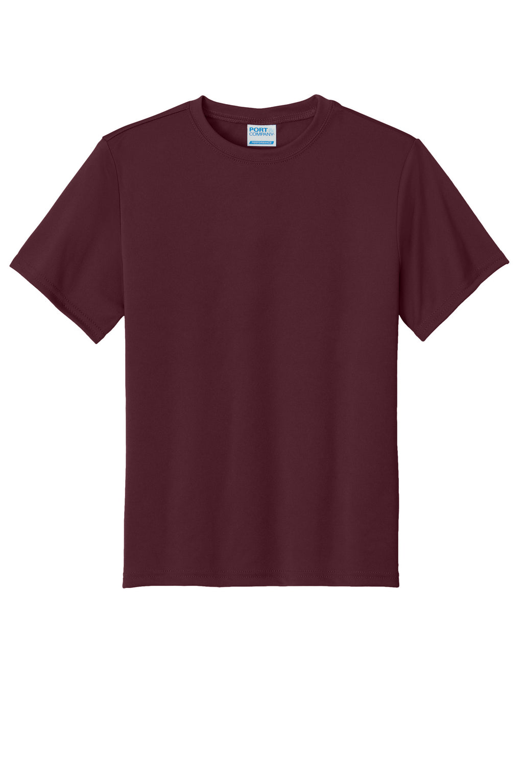 Front View of Ath Maroon Port & Company Youth Performance Tee. PC380Y