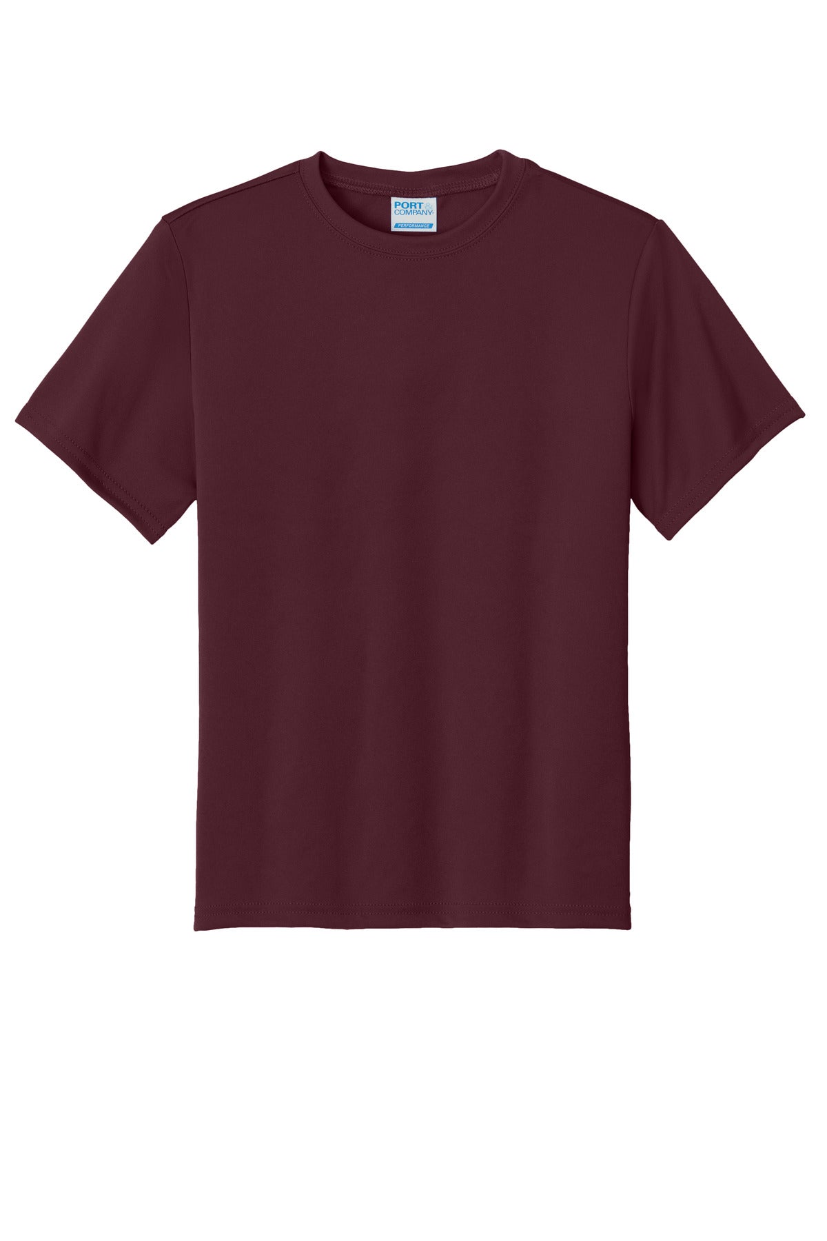Front View of Ath Maroon Port & Company Youth Performance Tee. PC380Y