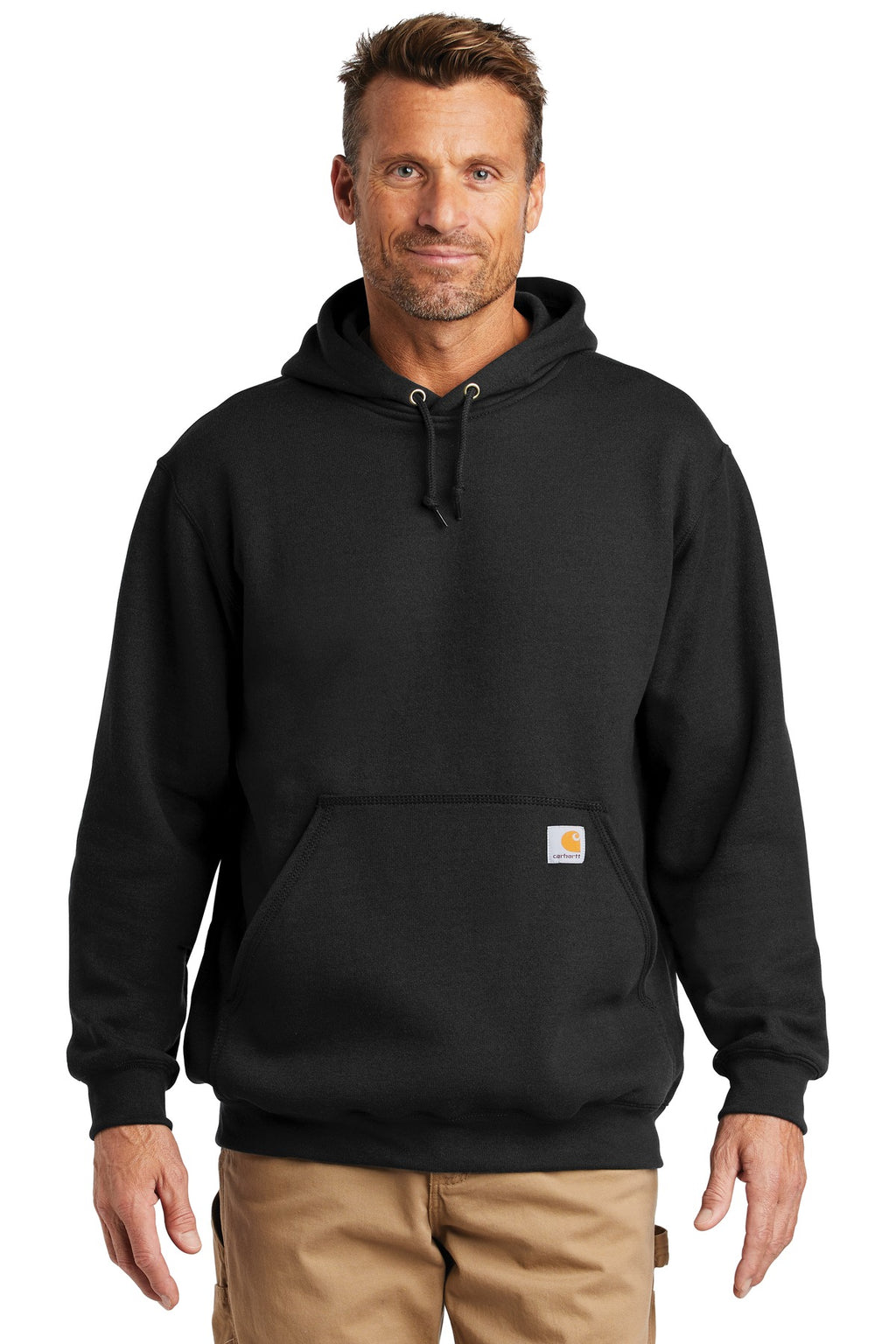 Front View of Black Carhartt Midweight Hooded Sweatshirt. CTK121