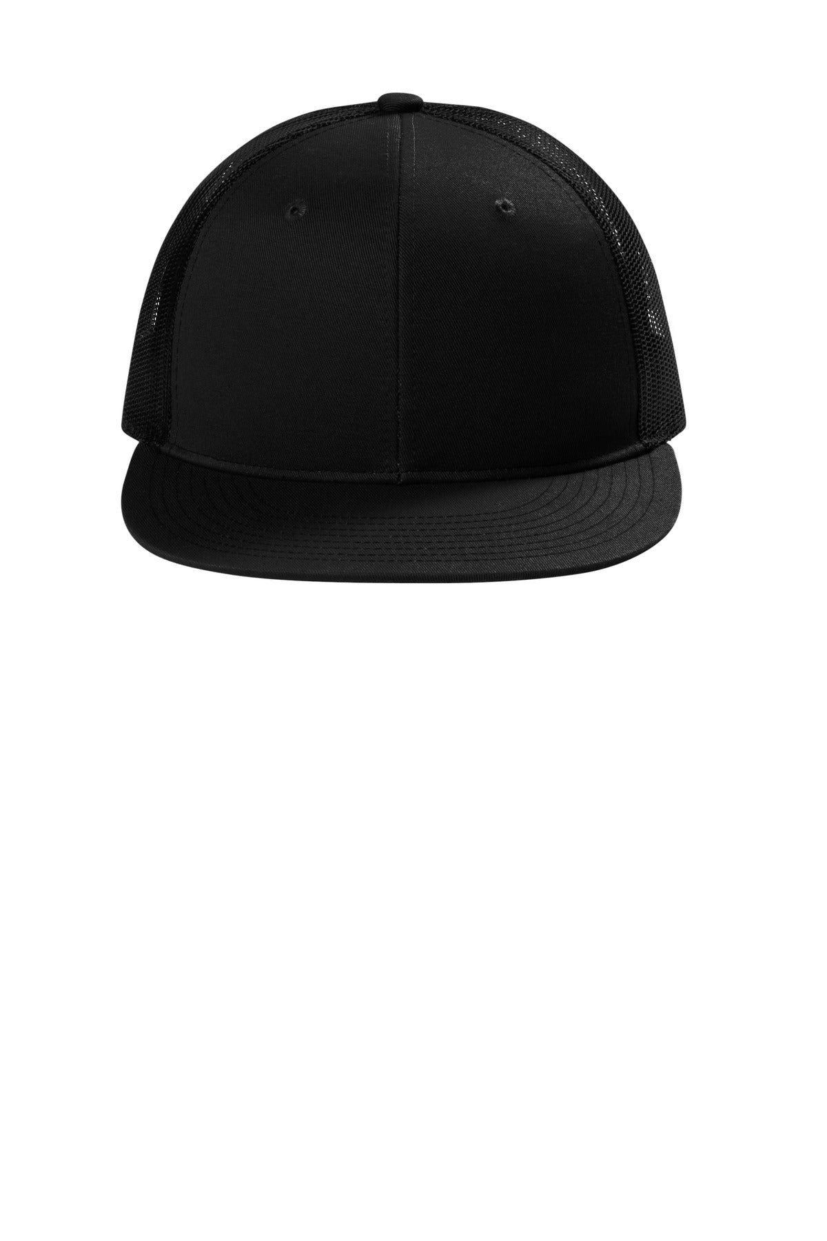 Front View of Black Port Authority Snapback Flat Bill Trucker Cap C407