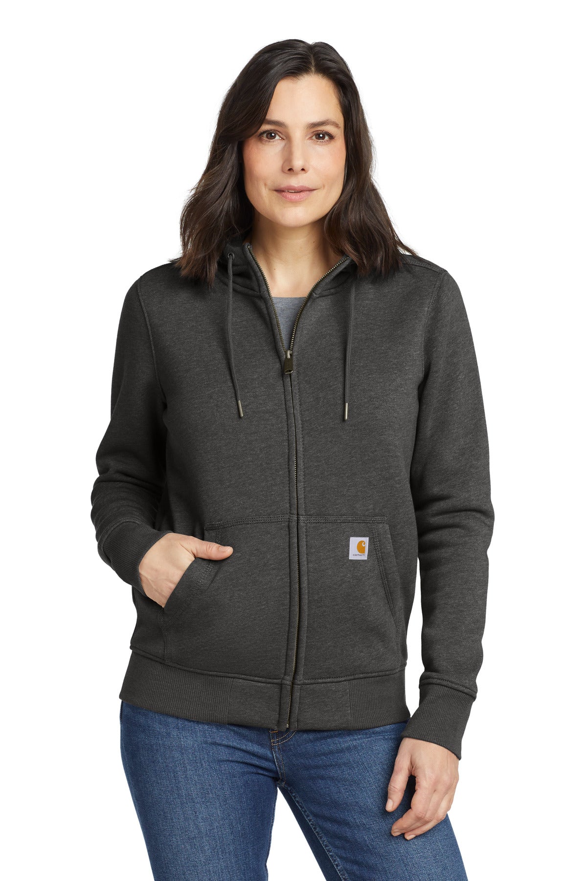 Front View of Carbon Heather Carhartt Women's Clarksburg Full-Zip Hoodie CT102788