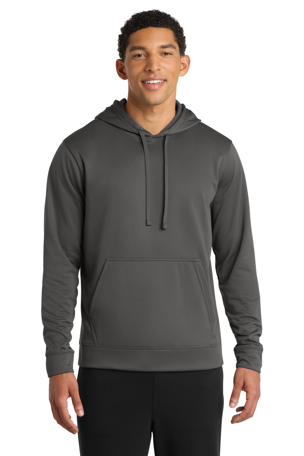 Front View of Charcoal Port & Company Performance Fleece Pullover Hooded Sweatshirt. PC590H