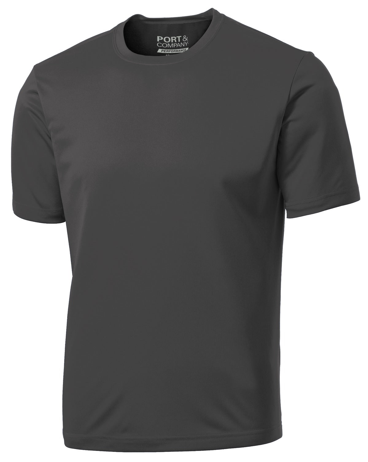 Front View of Charcoal Port & Company Performance Tee. PC380