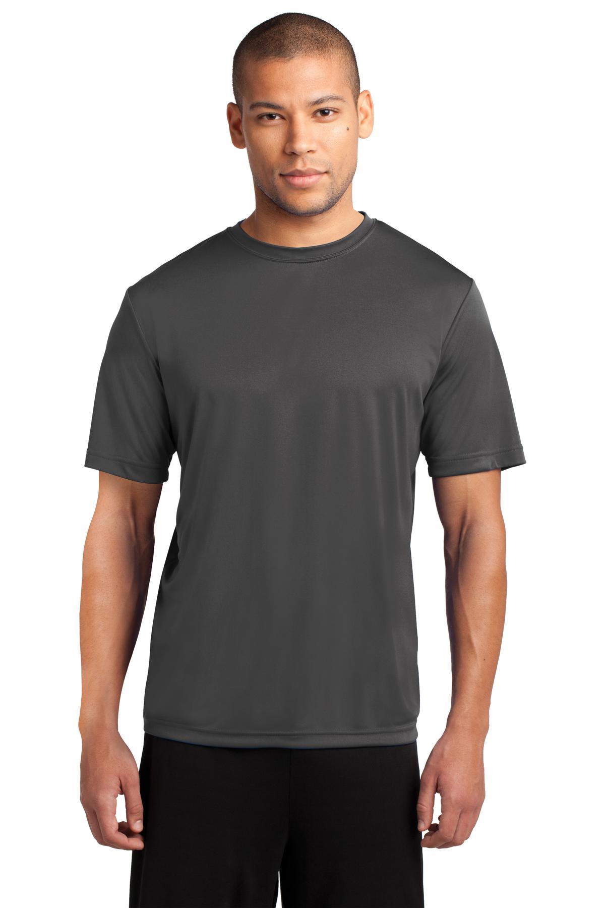 Front View of Charcoal Port & Company Performance Tee. PC380
