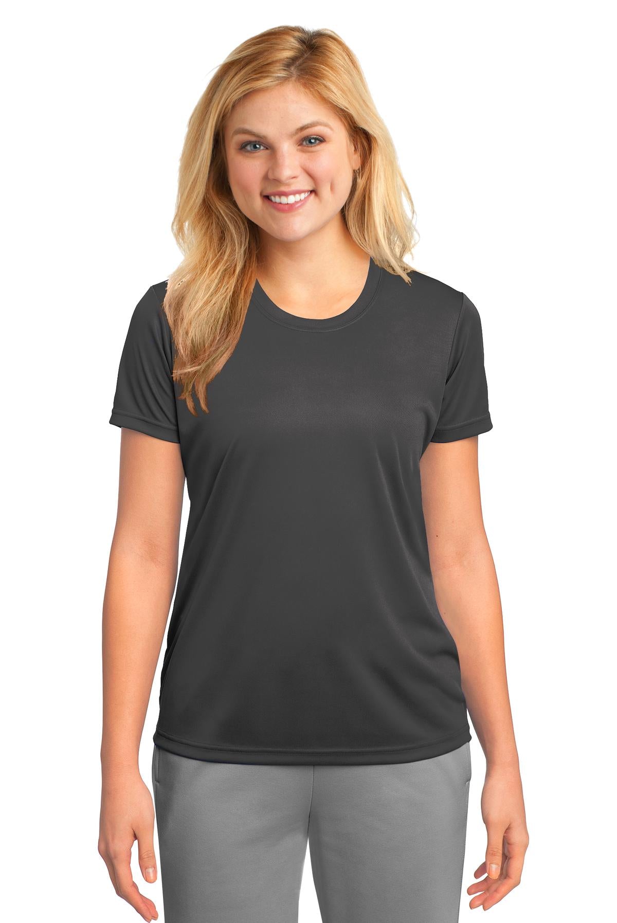 Front View of Charcoal Port & Company Women's Performance Tee. LPC380