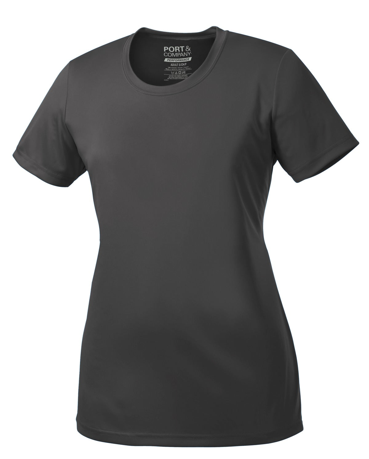 Front View of Charcoal Port & Company Women's Performance Tee. LPC380