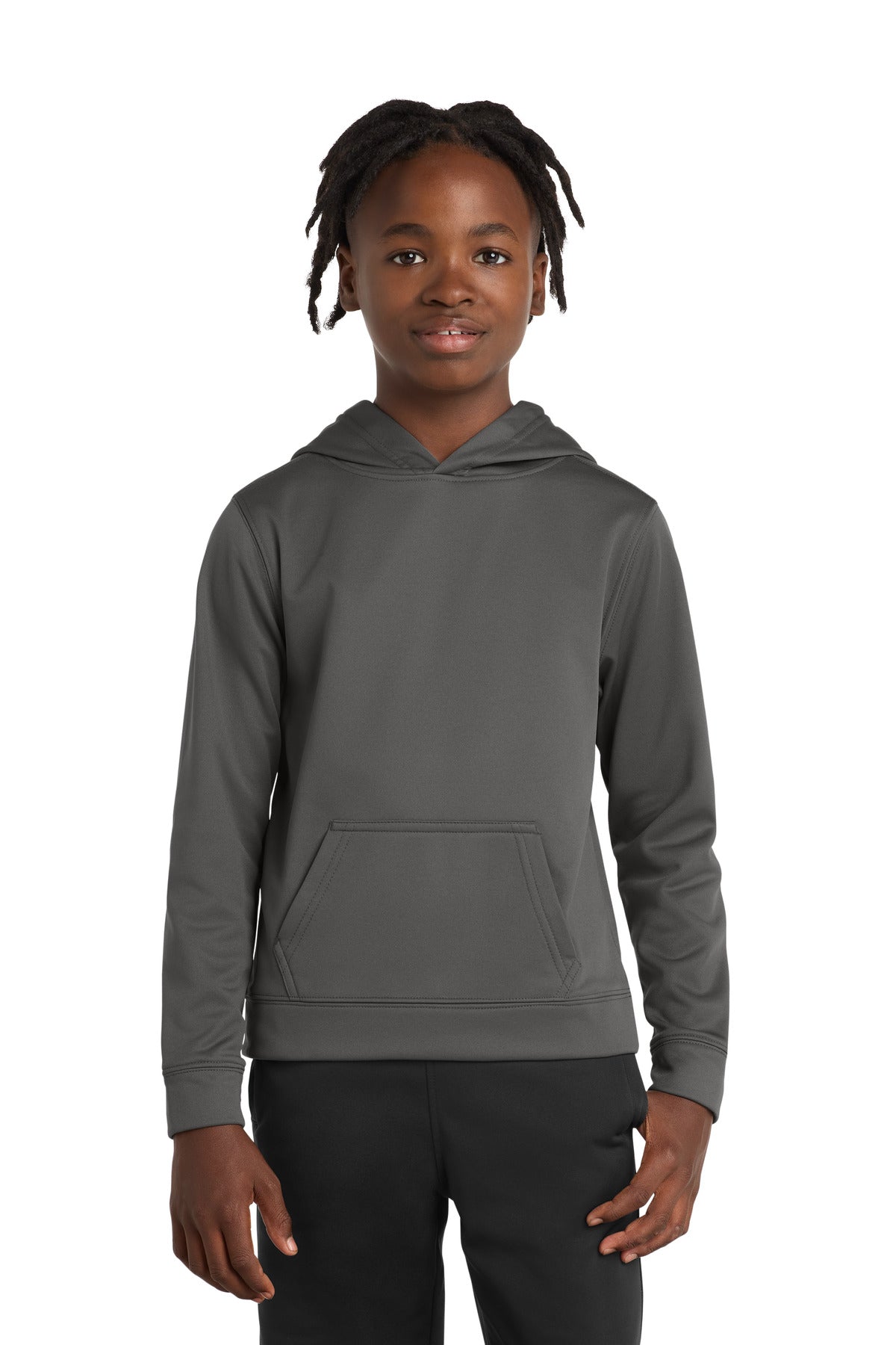 Front View of Charcoal Port & Company Youth Performance Fleece Pullover Hooded Sweatshirt. PC590YH