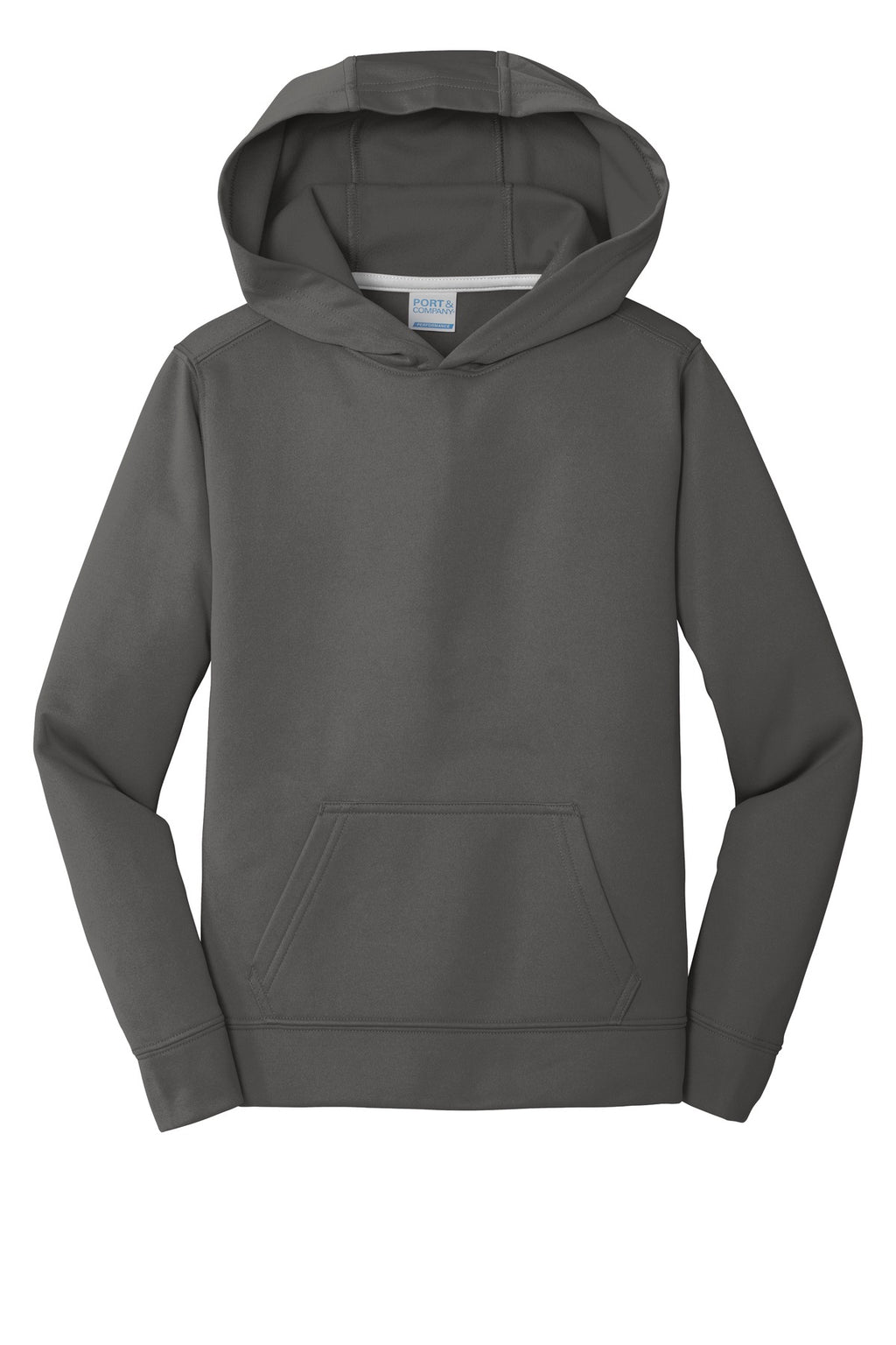 Front View of Charcoal Port & Company Youth Performance Fleece Pullover Hooded Sweatshirt. PC590YH