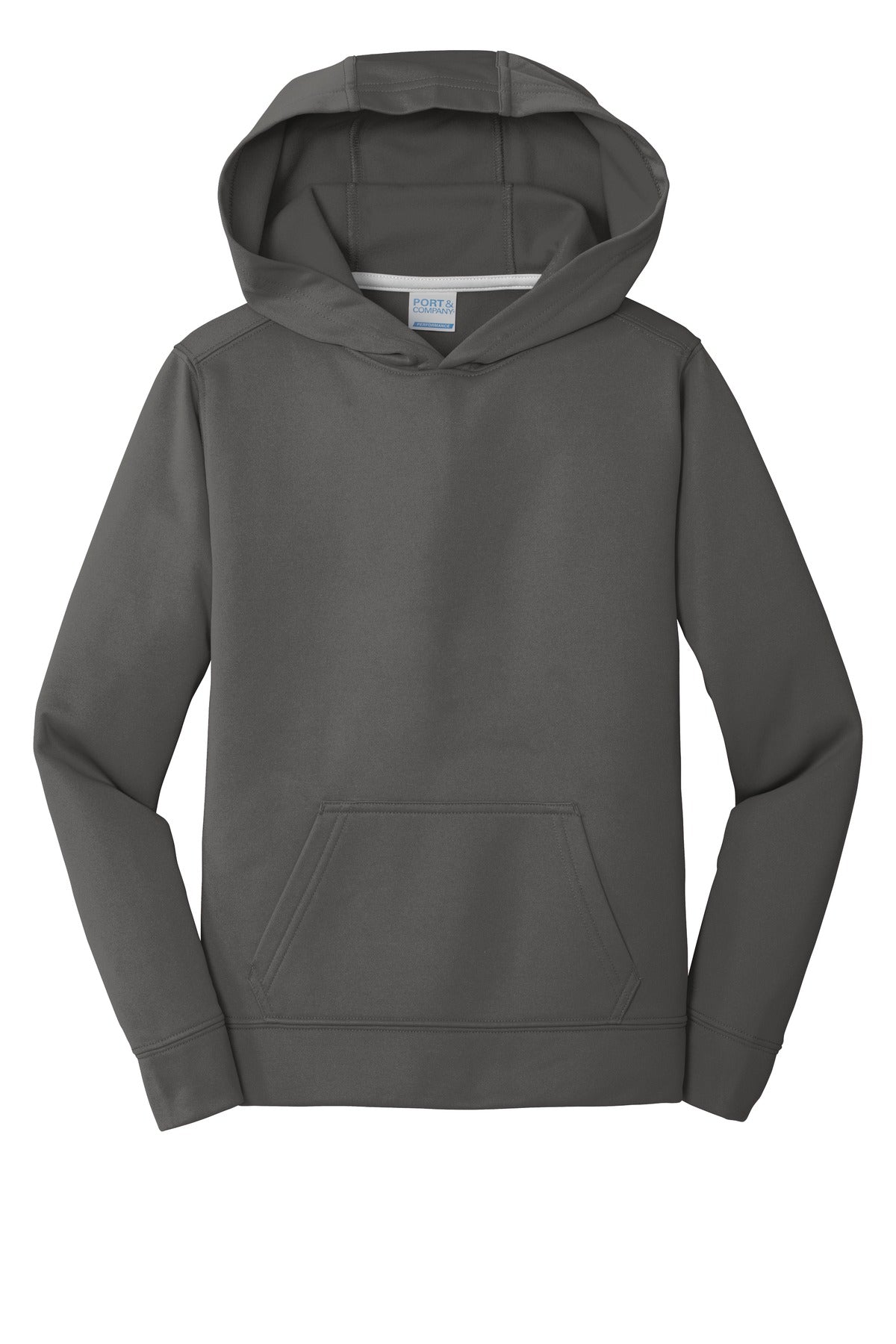 Front View of Charcoal Port & Company Youth Performance Fleece Pullover Hooded Sweatshirt. PC590YH