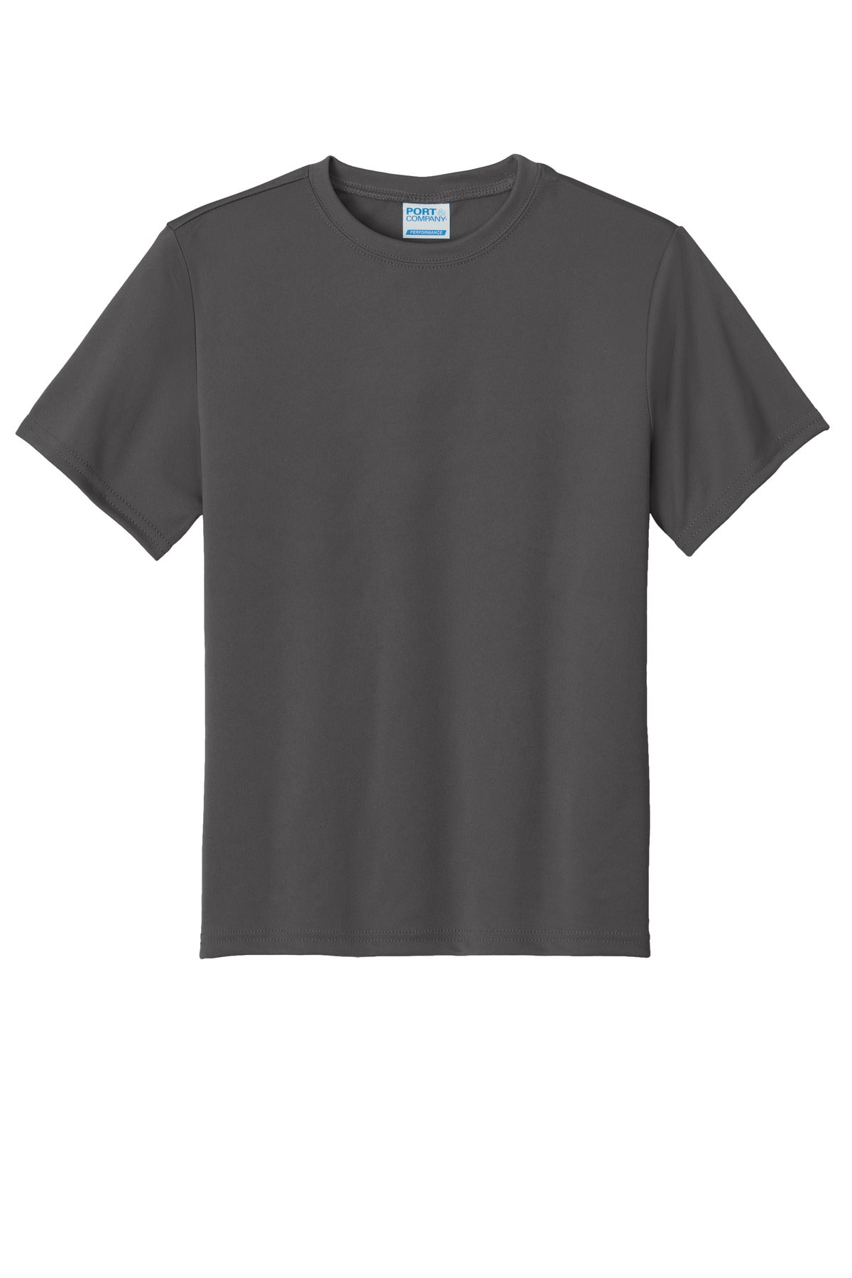 Front View of Charcoal Port & Company Youth Performance Tee. PC380Y