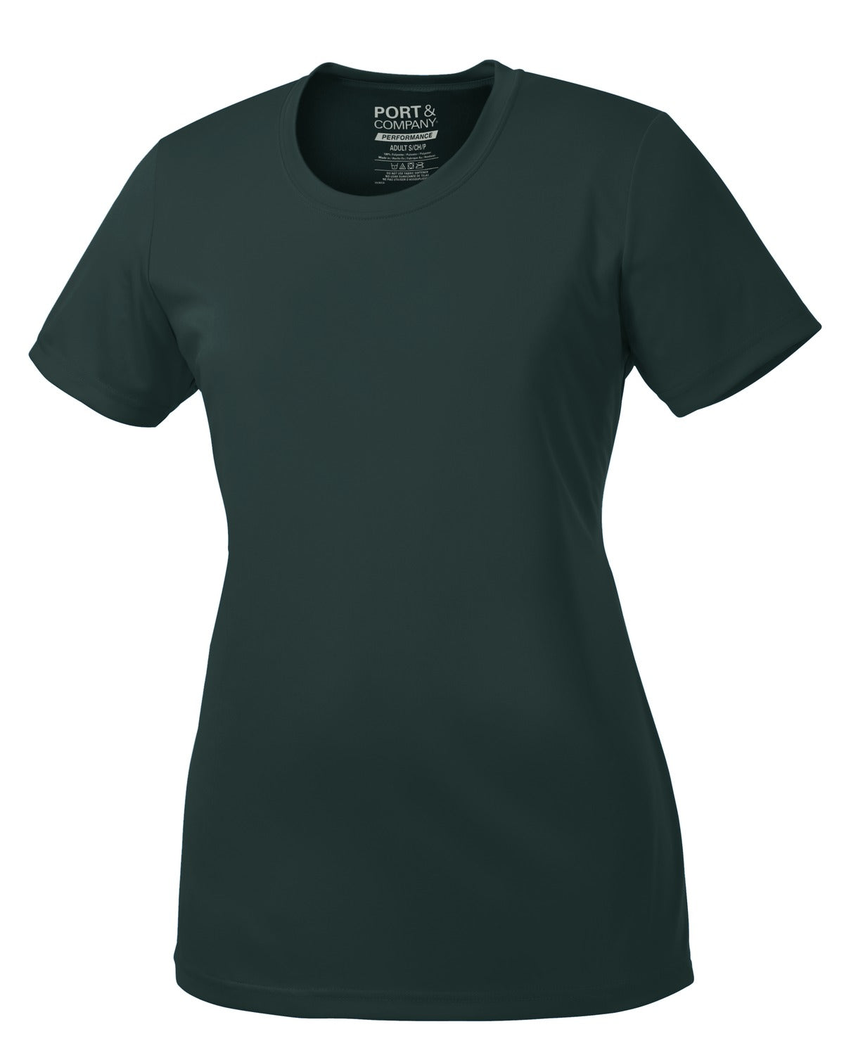 Front View of Dark Green Port & Company Women's Performance Tee. LPC380