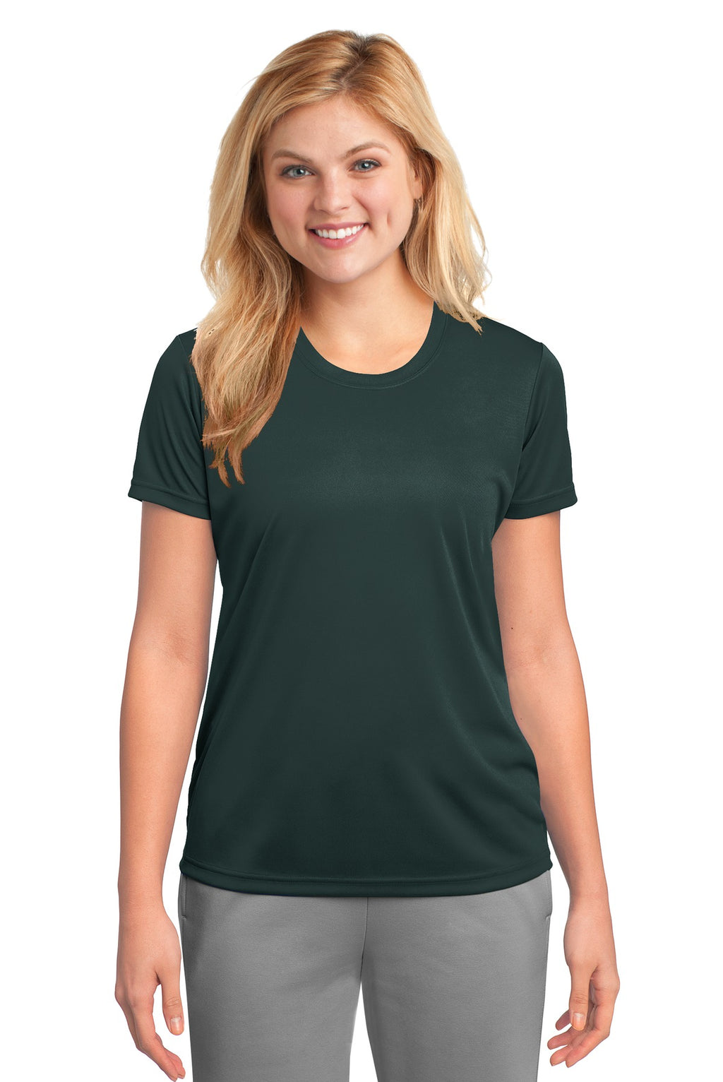Front View of Dark Green Port & Company Women's Performance Tee. LPC380