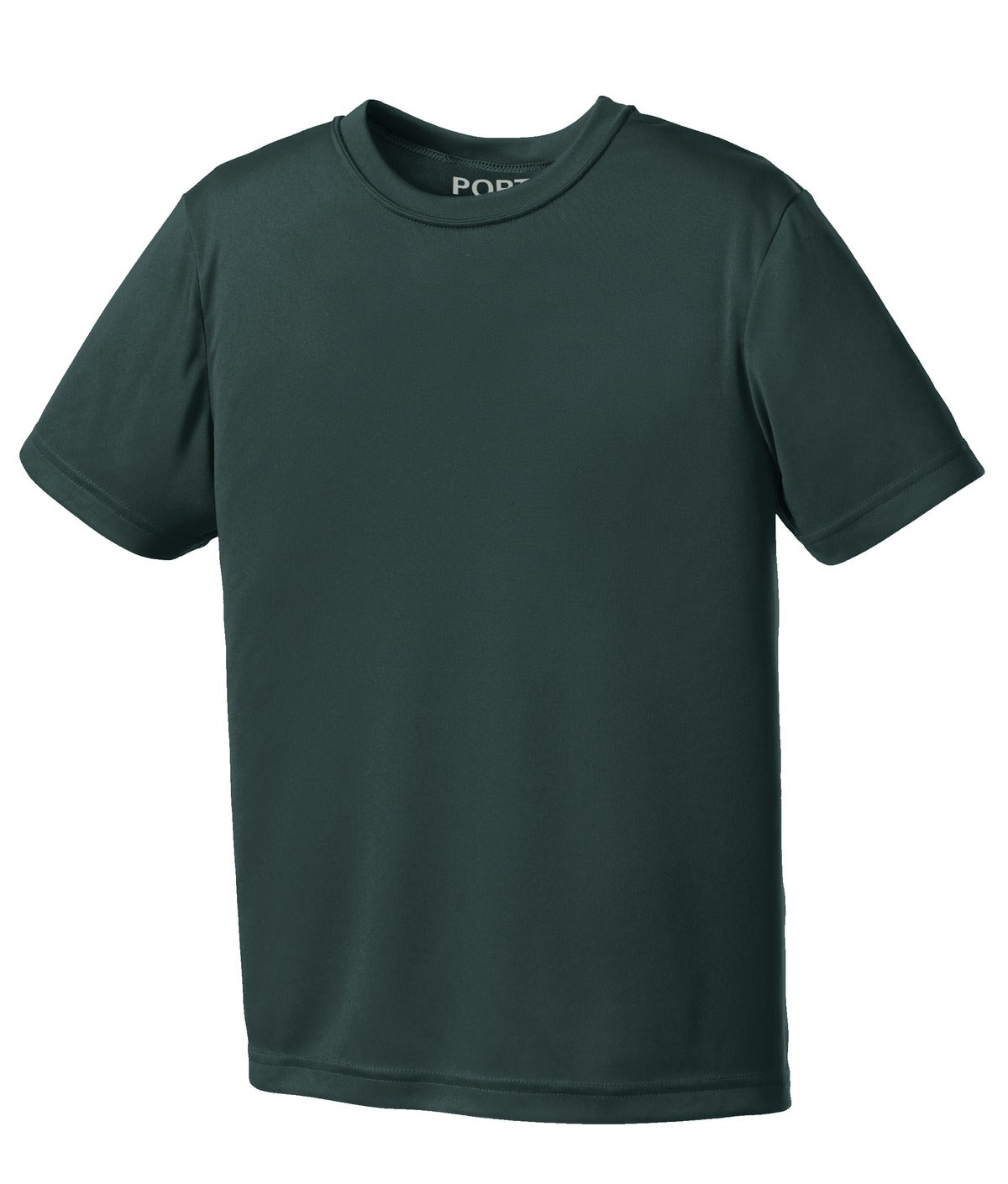 Front View of Dark Green Port & Company Youth Performance Tee. PC380Y