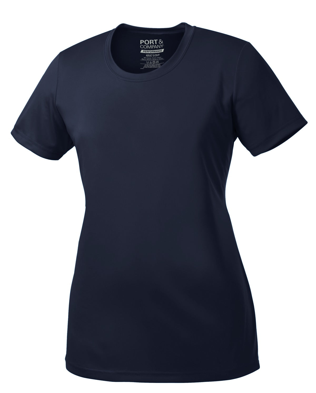 Front View of Deep Navy Port & Company Women's Performance Tee. LPC380