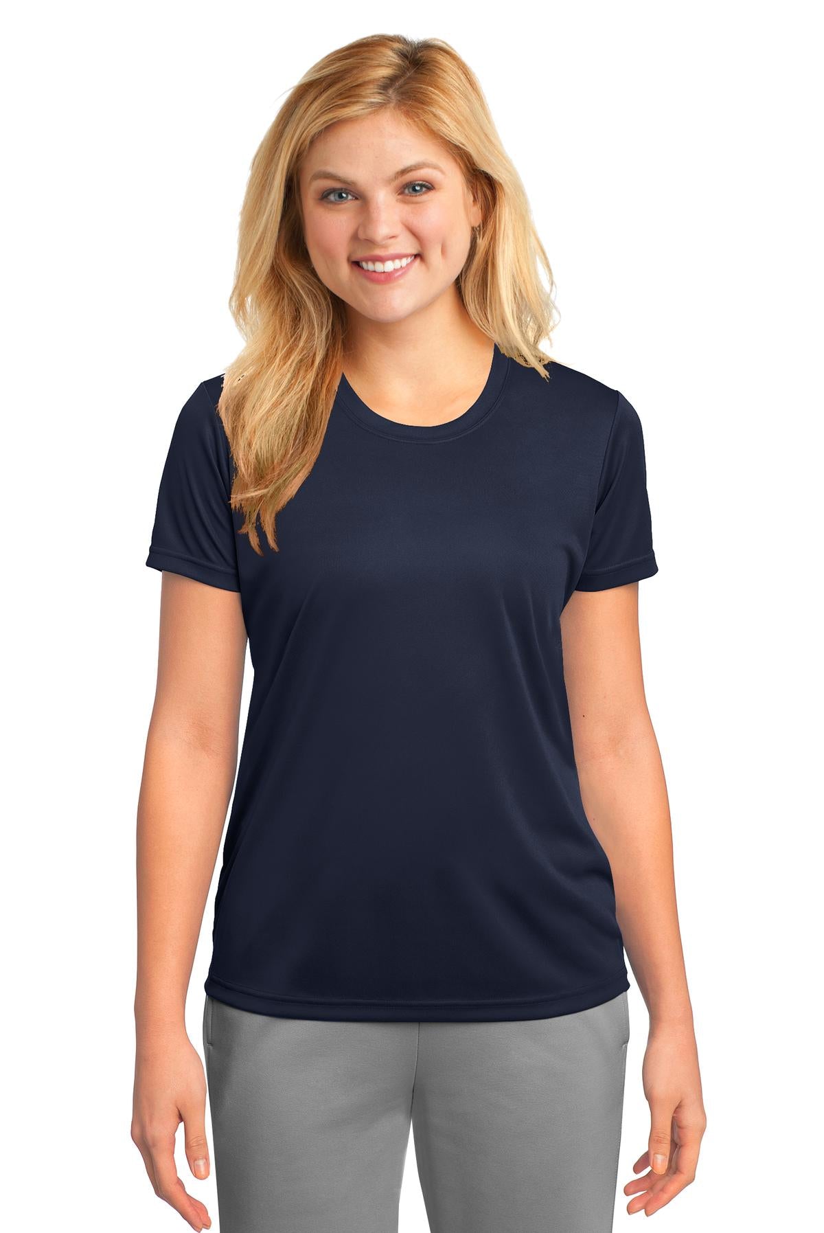 Front View of Deep Navy Port & Company Women's Performance Tee. LPC380