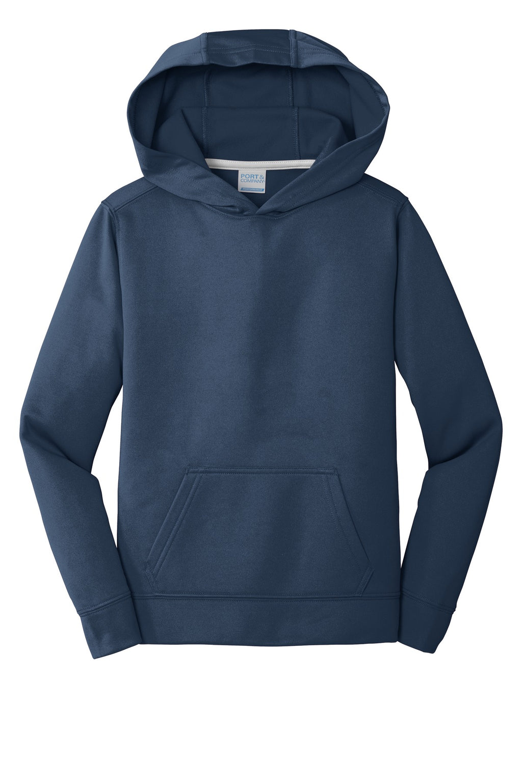 Front View of Deep Navy Port & Company Youth Performance Fleece Pullover Hooded Sweatshirt. PC590YH