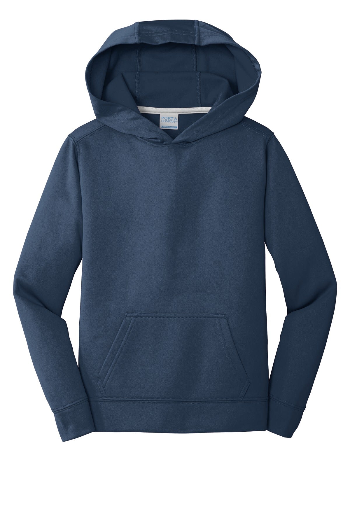 Front View of Deep Navy Port & Company Youth Performance Fleece Pullover Hooded Sweatshirt. PC590YH