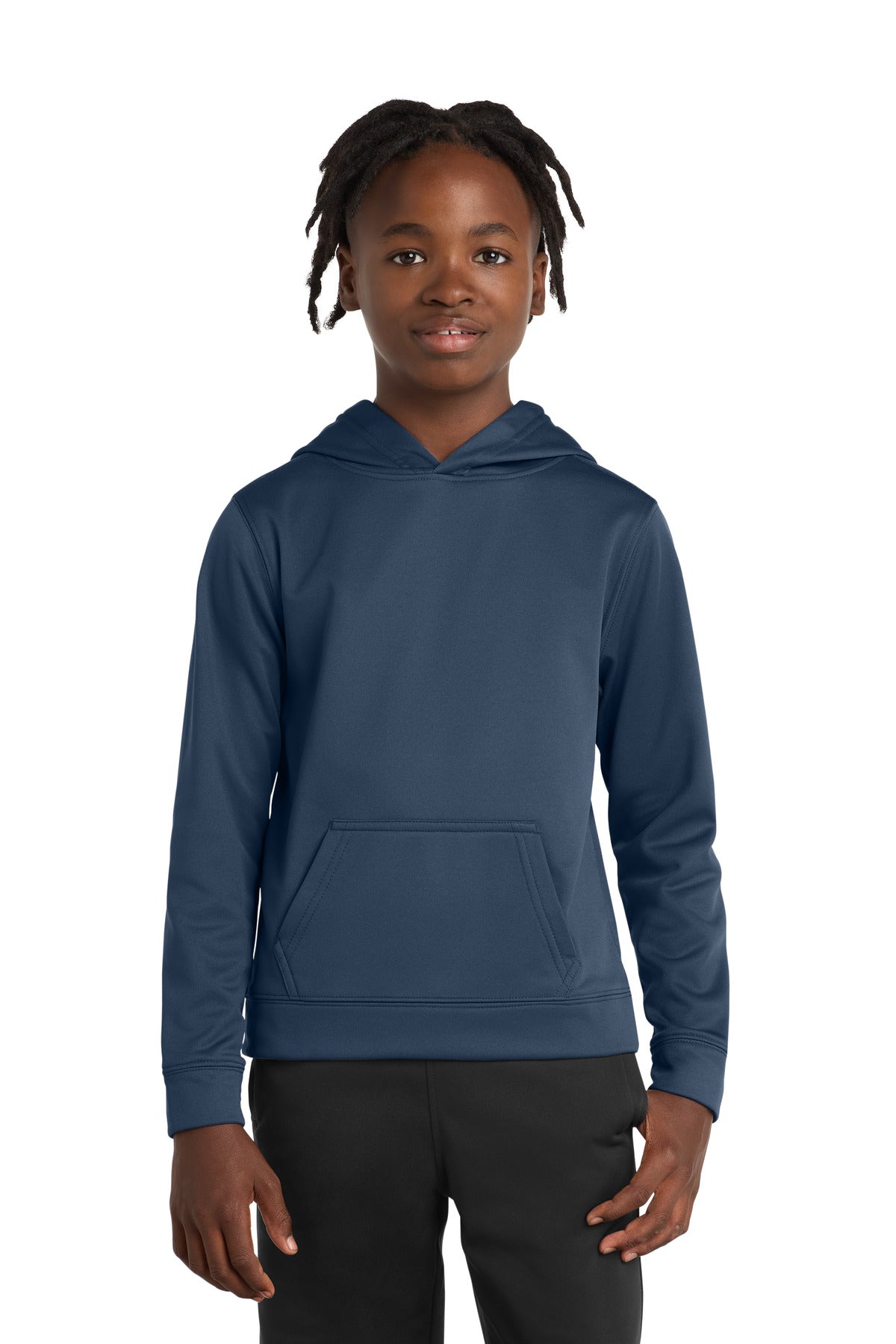 Front View of Deep Navy Port & Company Youth Performance Fleece Pullover Hooded Sweatshirt. PC590YH
