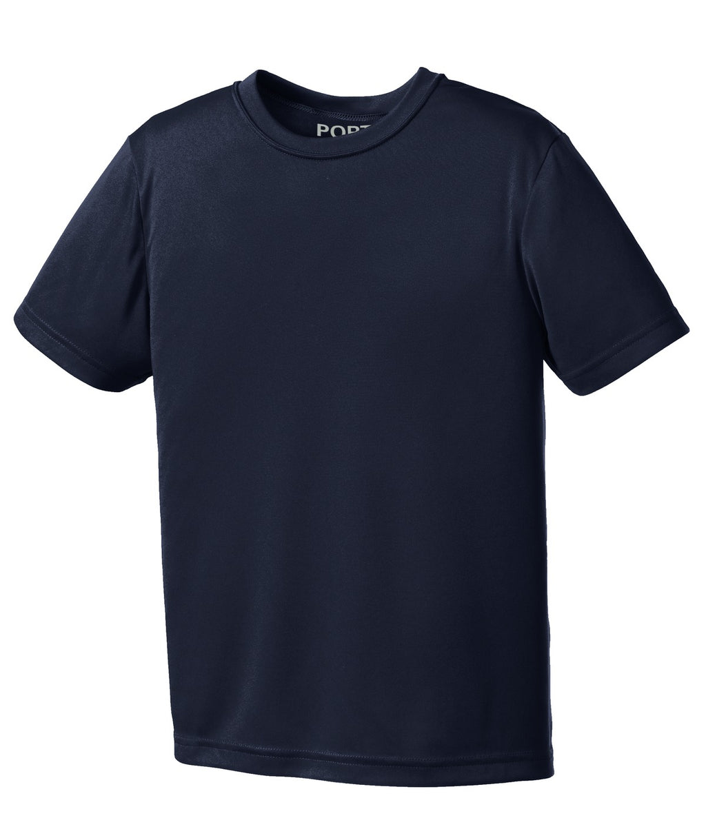 Front View of Deep Navy Port & Company Youth Performance Tee. PC380Y