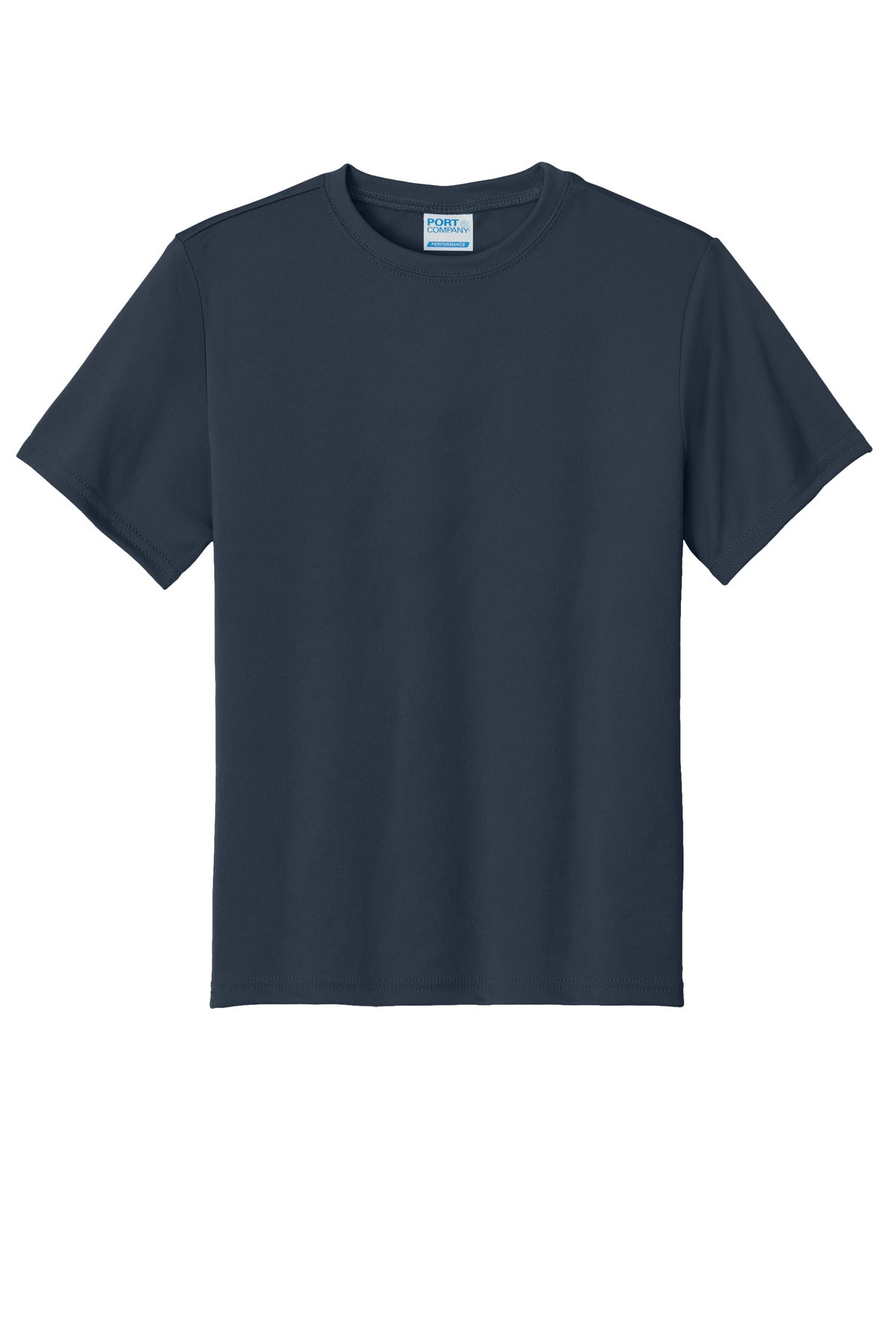 Front View of Deep Navy Port & Company Youth Performance Tee. PC380Y
