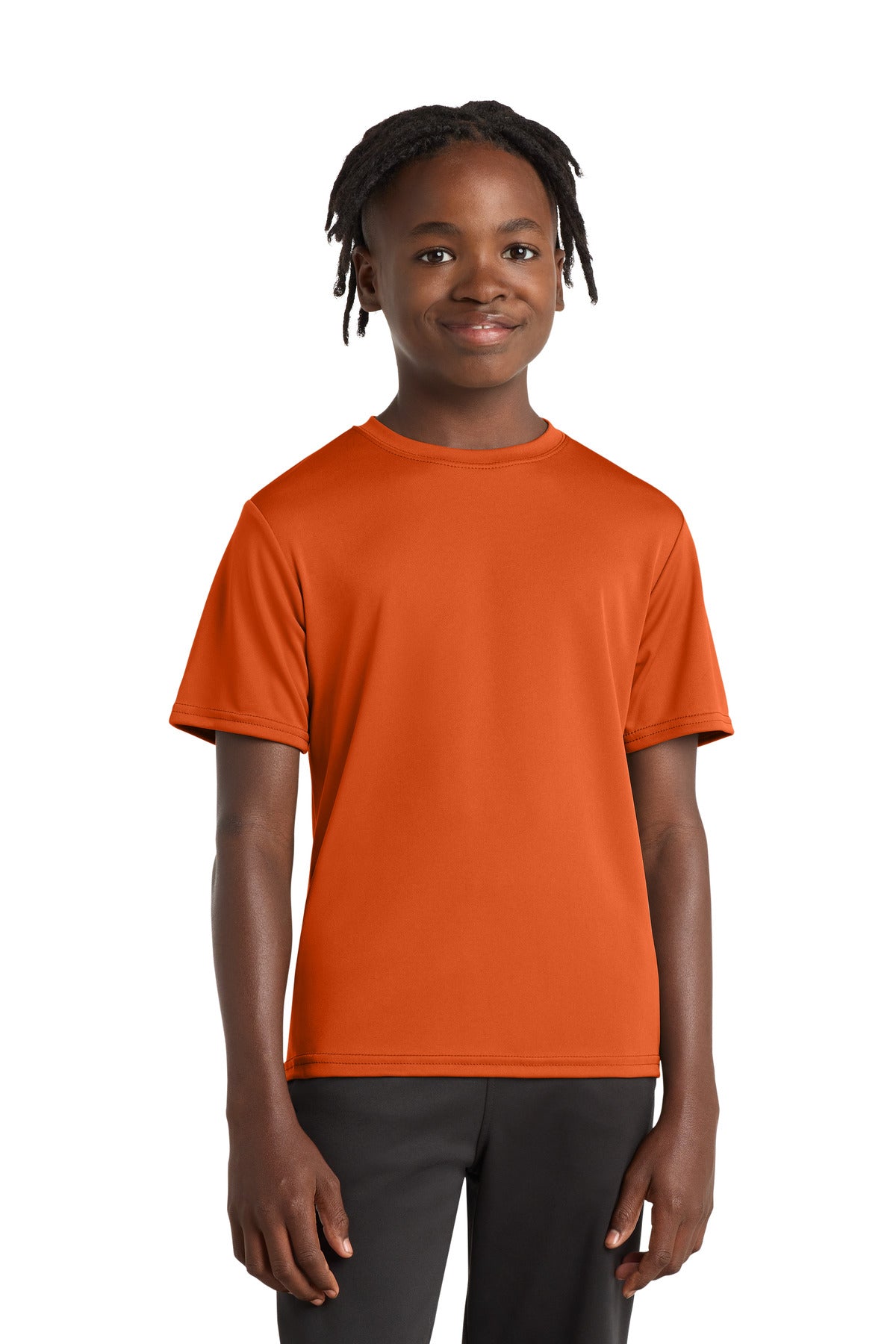 Front View of DeepOrange Port & Company Youth Performance Tee. PC380Y