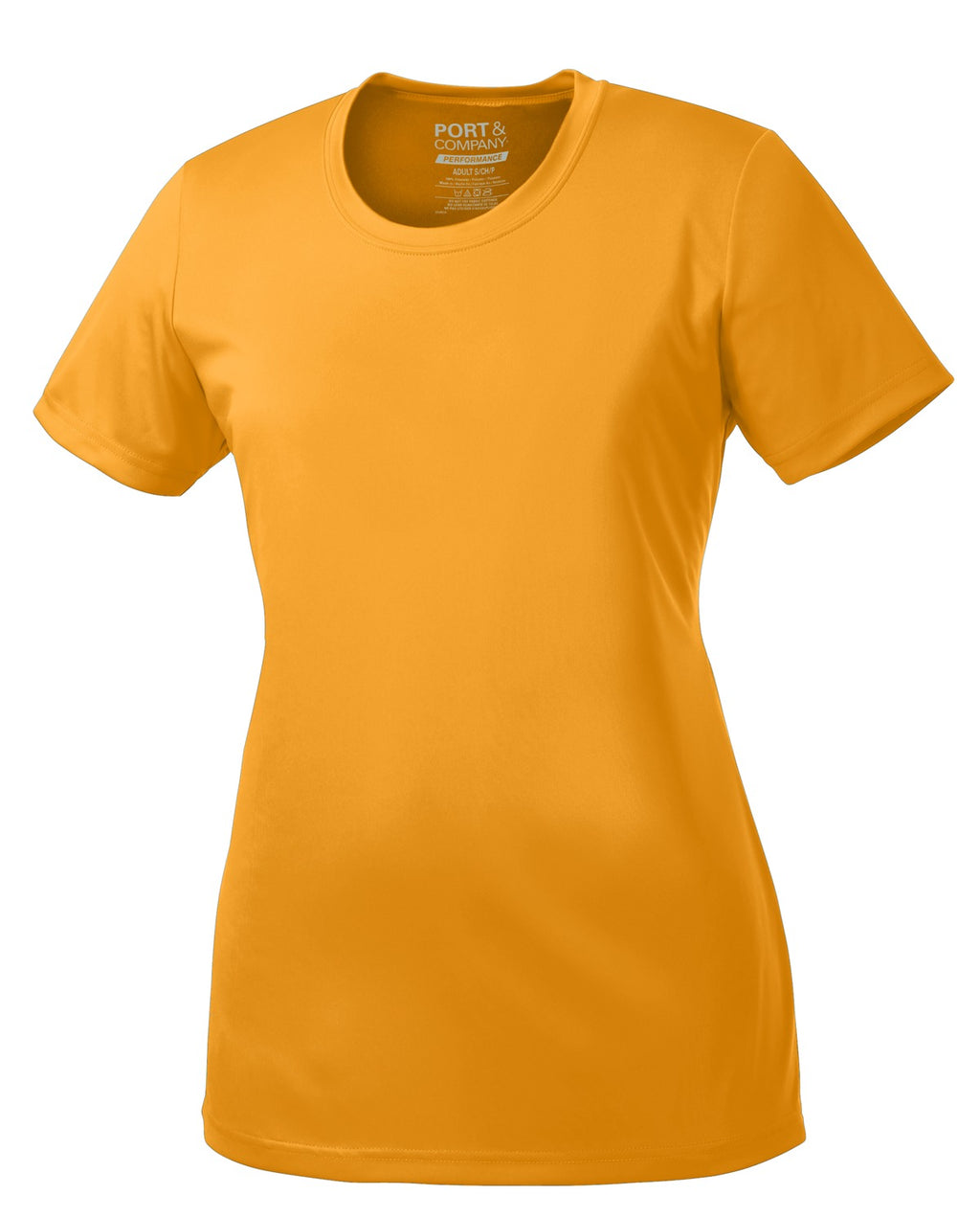Front View of Gold Port & Company Women's Performance Tee. LPC380