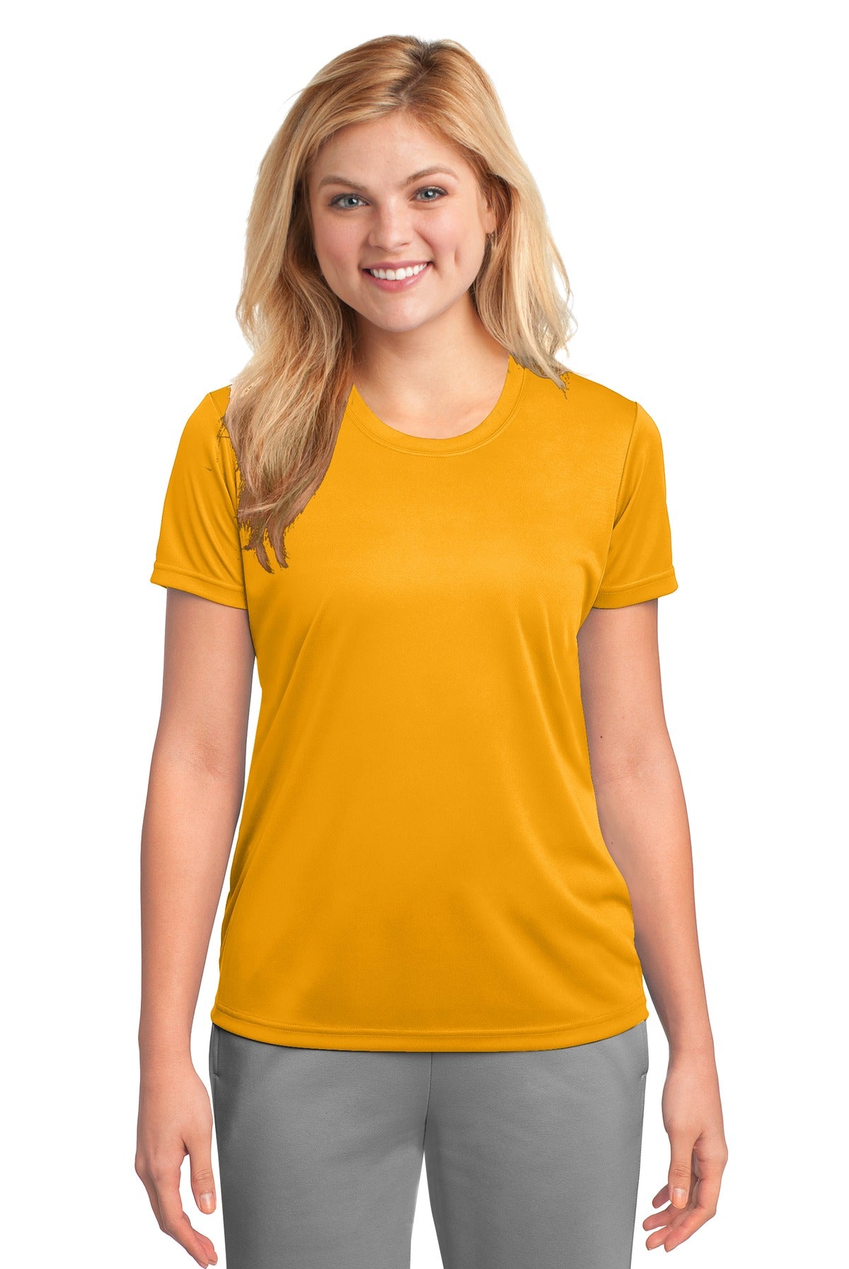 Front View of Gold Port & Company Women's Performance Tee. LPC380