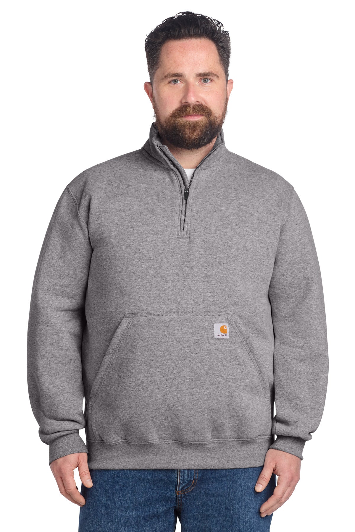Front View of HthrGrey Carhartt Midweight 1/4-Zip Mock Neck Sweatshirt CT105294