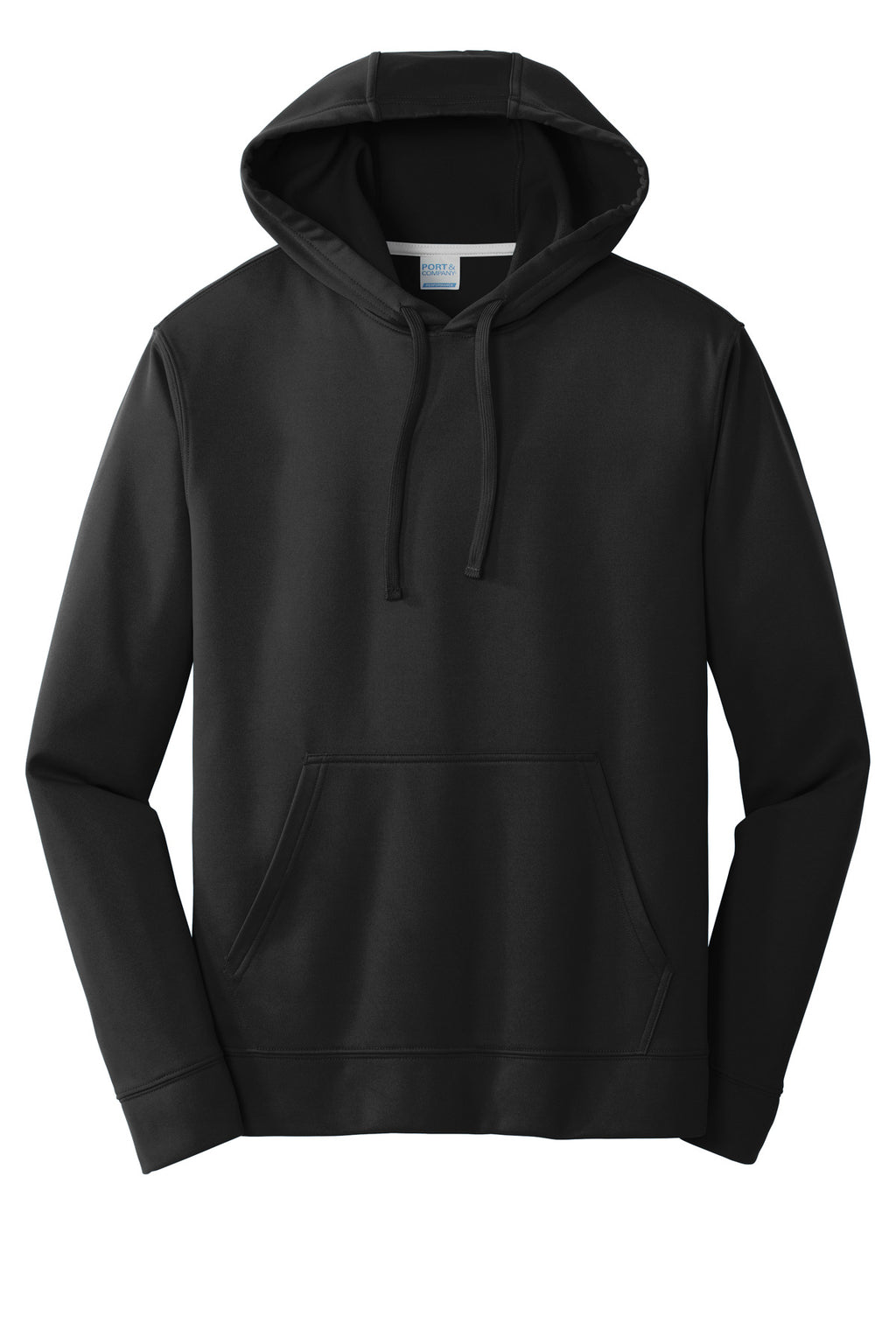 Front View of Jet Black Port & Company Performance Fleece Pullover Hooded Sweatshirt. PC590H