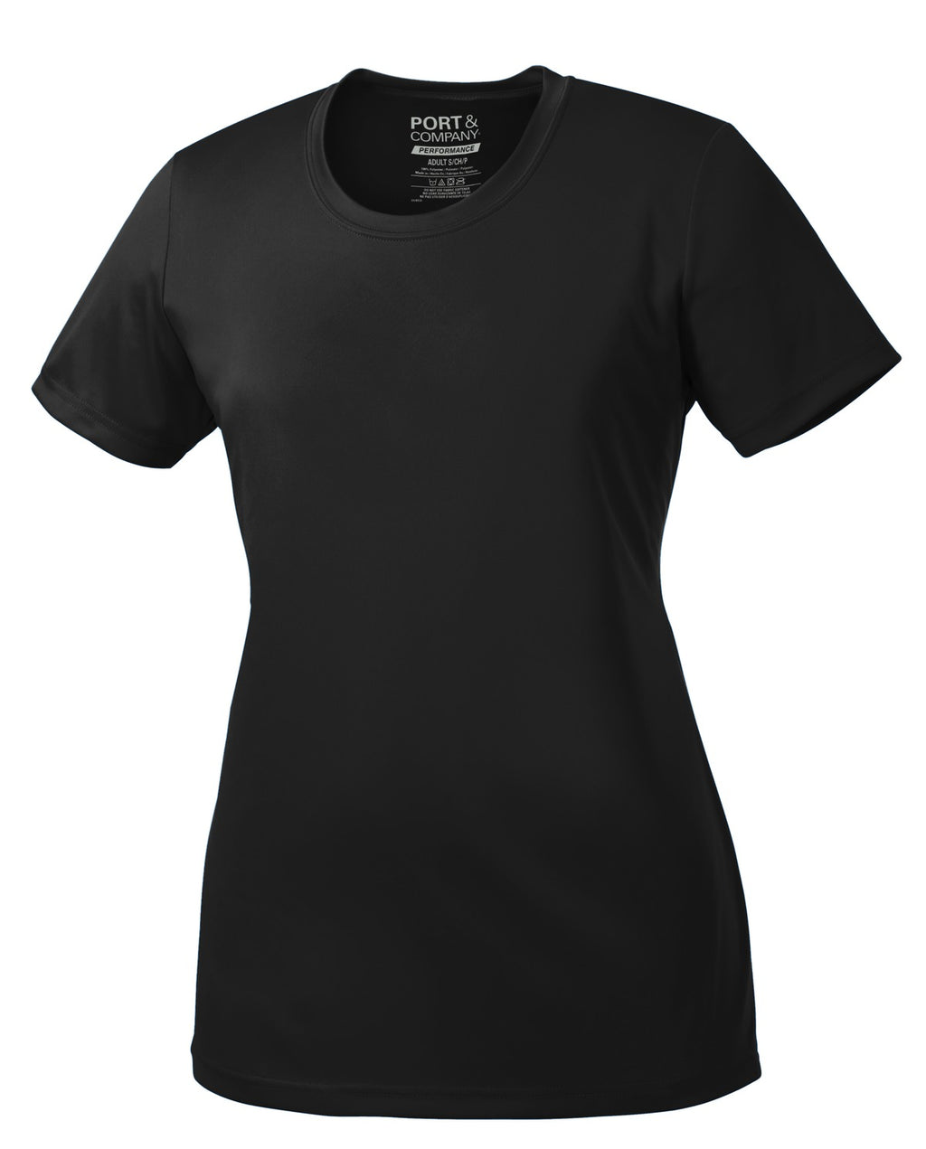 Front View of Jet Black Port & Company Women's Performance Tee. LPC380
