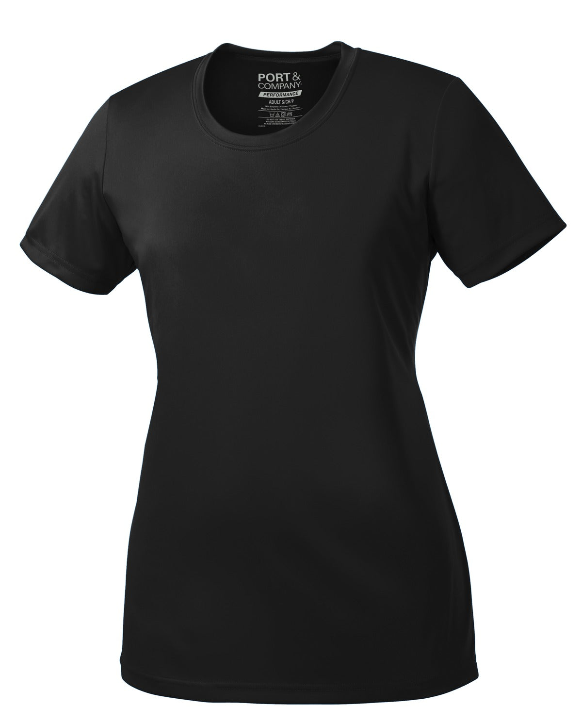 Front View of Jet Black Port & Company Women's Performance Tee. LPC380