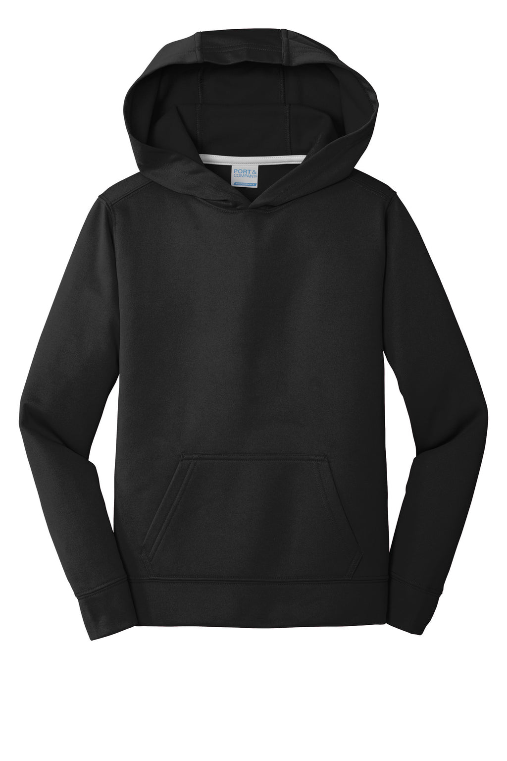 Front View of Jet Black Port & Company Youth Performance Fleece Pullover Hooded Sweatshirt. PC590YH