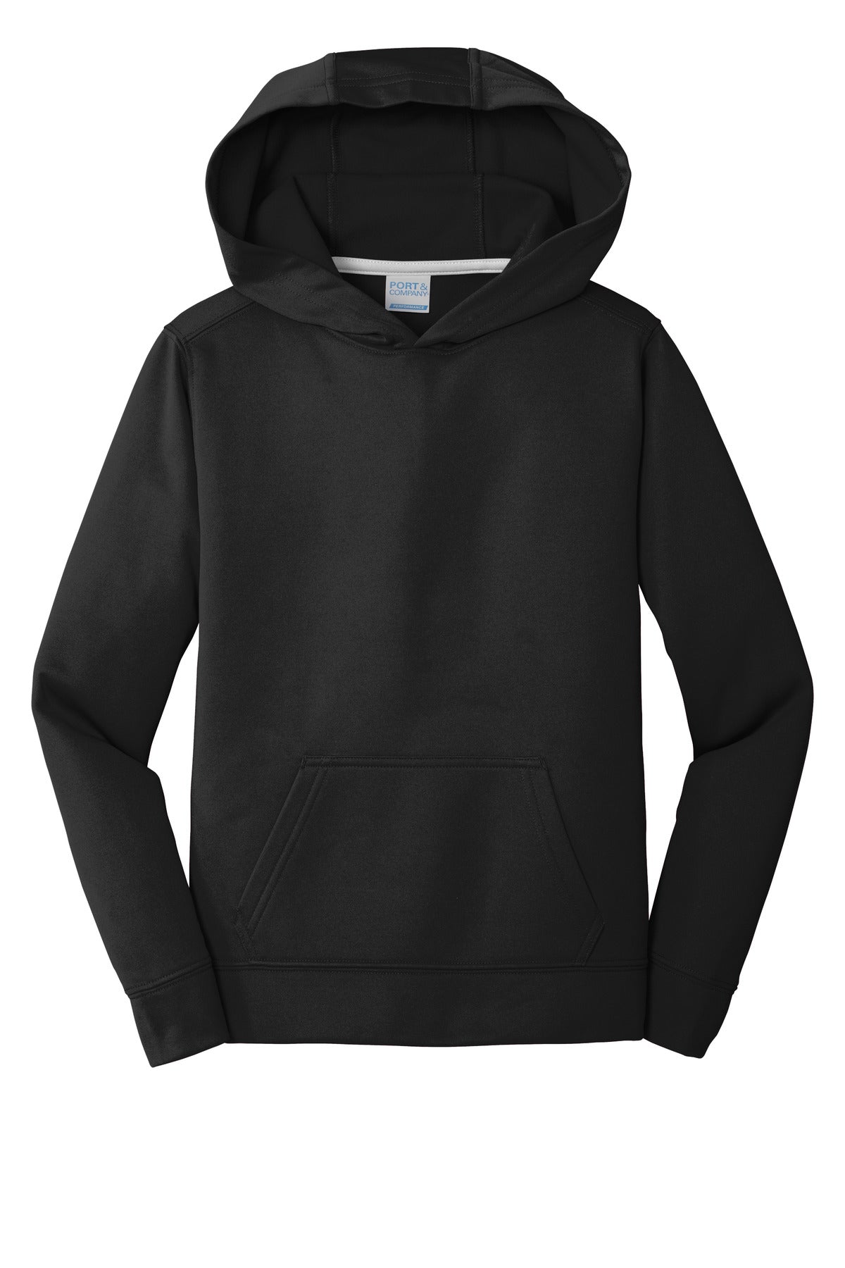 Front View of Jet Black Port & Company Youth Performance Fleece Pullover Hooded Sweatshirt. PC590YH