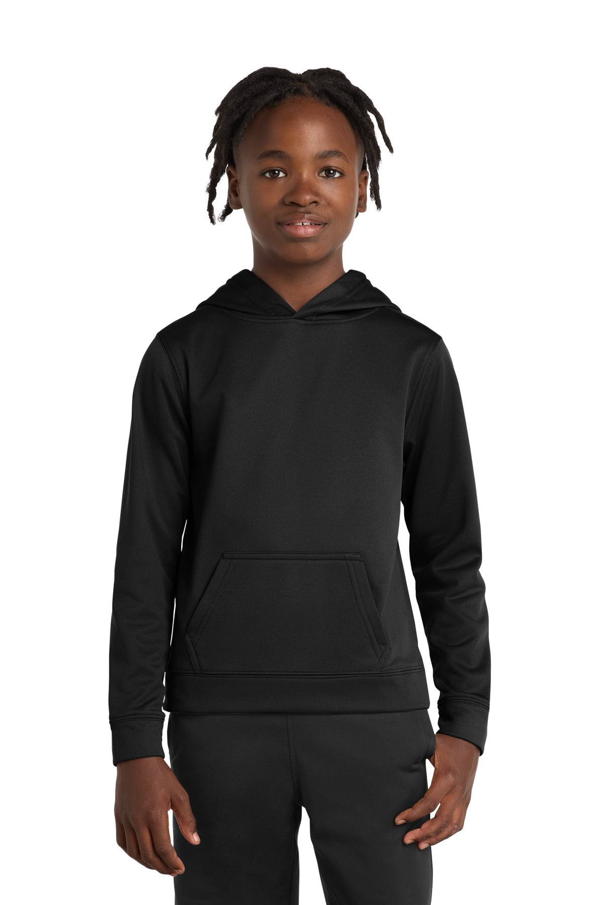 Front View of Jet Black Port & Company Youth Performance Fleece Pullover Hooded Sweatshirt. PC590YH