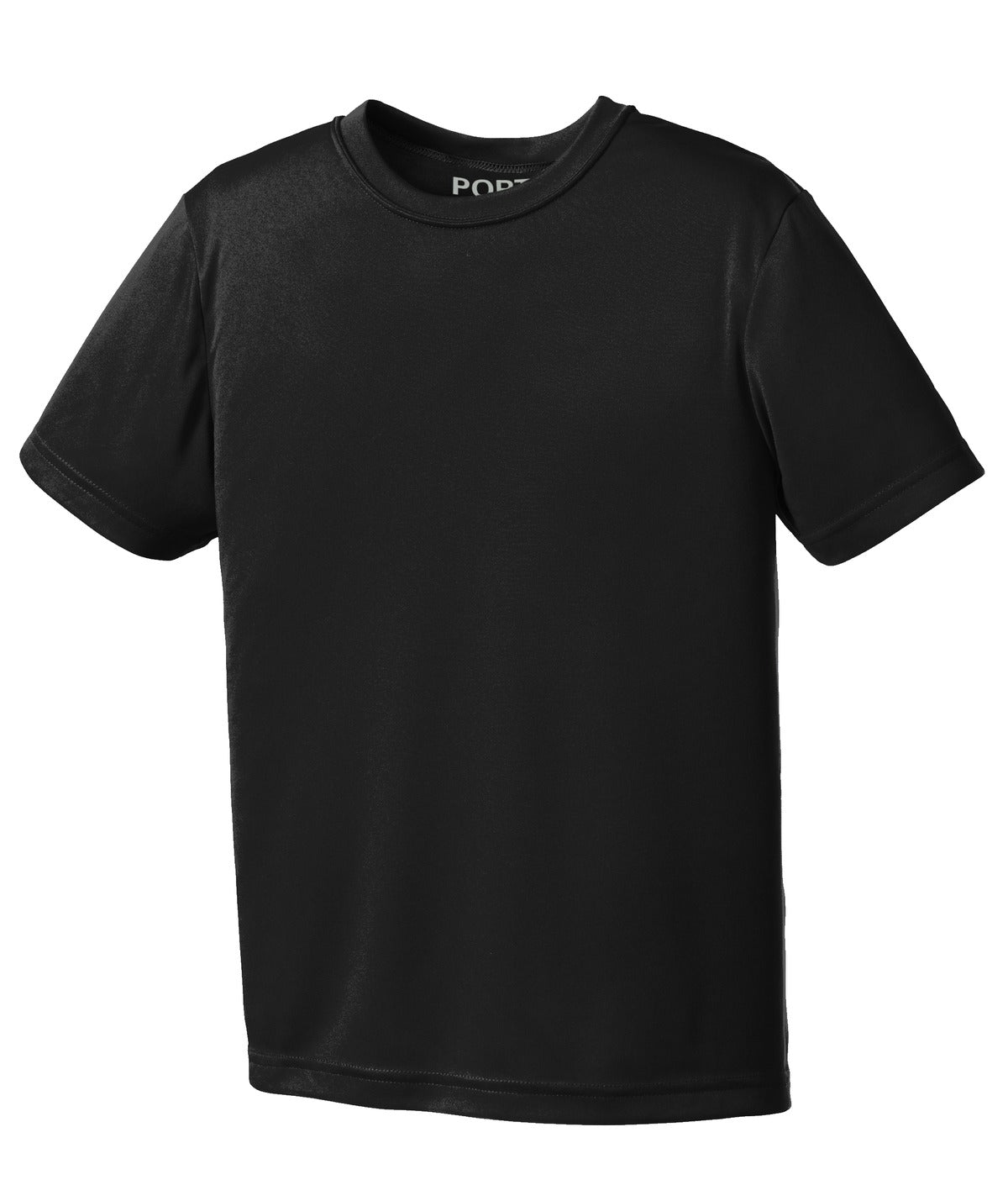 Front View of Jet Black Port & Company Youth Performance Tee. PC380Y
