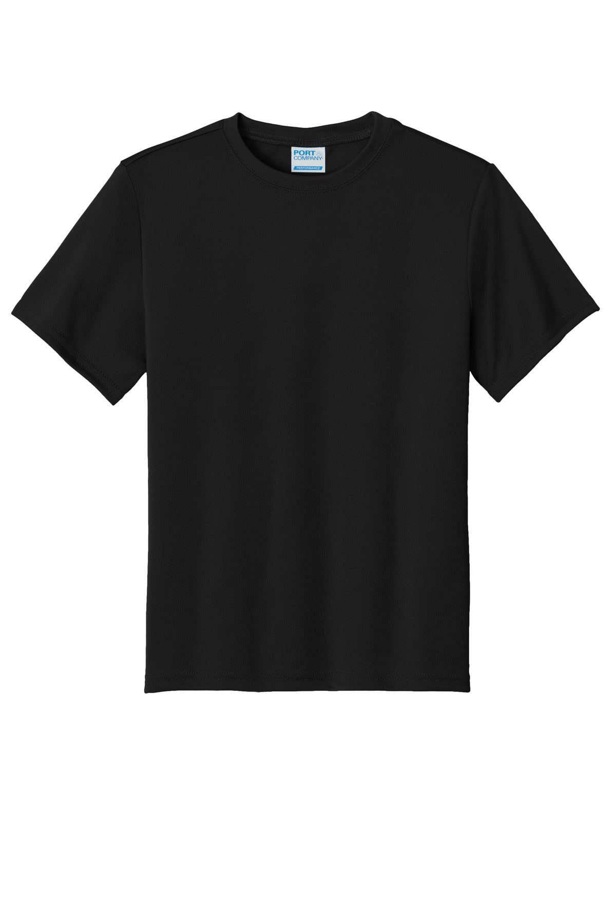 Front View of Jet Black Port & Company Youth Performance Tee. PC380Y