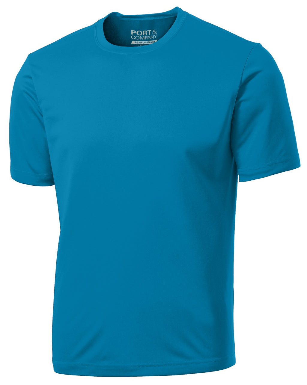 Front View of Neon Blue Port & Company Performance Tee. PC380