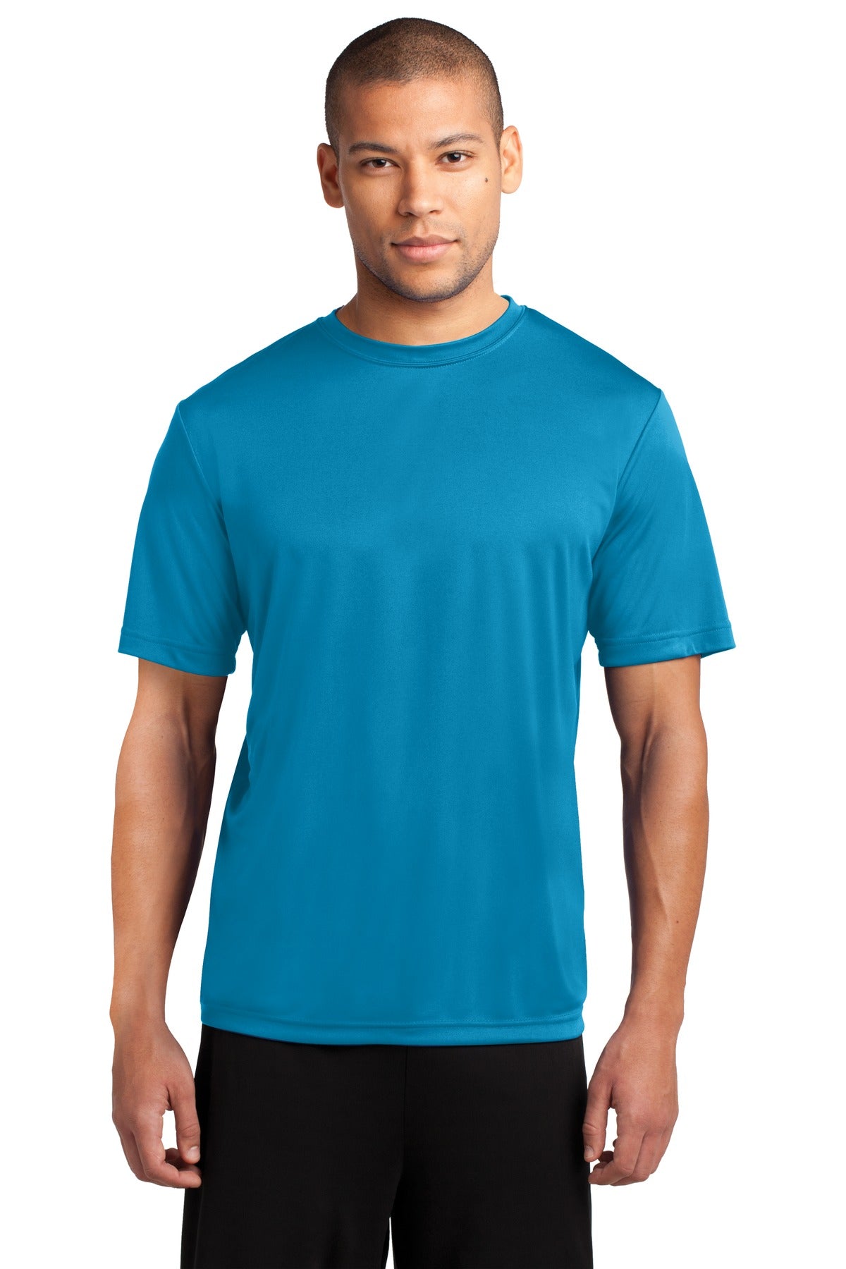Front View of Neon Blue Port & Company Performance Tee. PC380