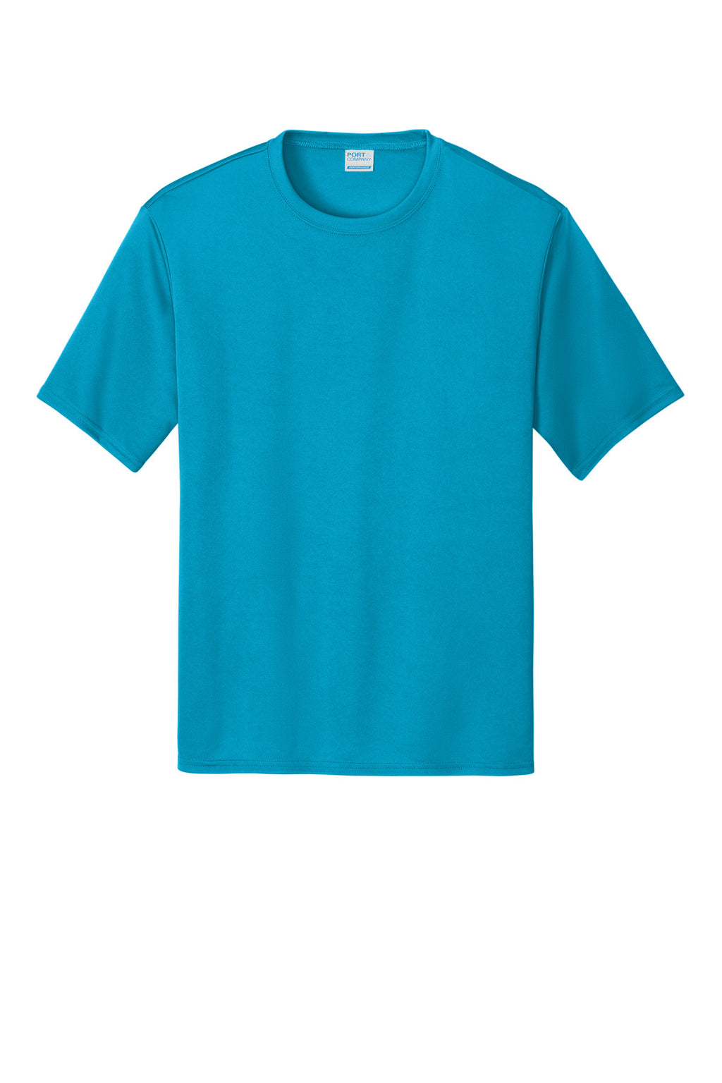 Front View of Neon Blue Port & Company Performance Tee. PC380