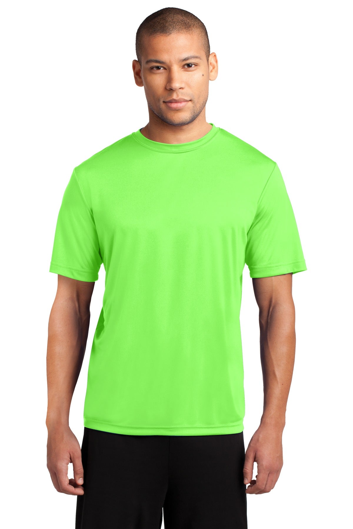 Front View of Neon Green Port & Company Performance Tee. PC380