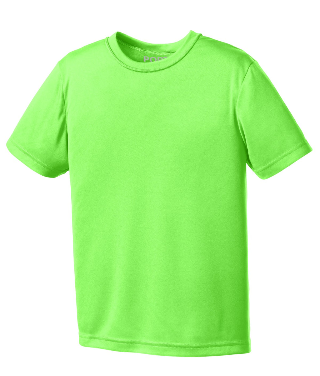 Front View of Neon Green Port & Company Youth Performance Tee. PC380Y