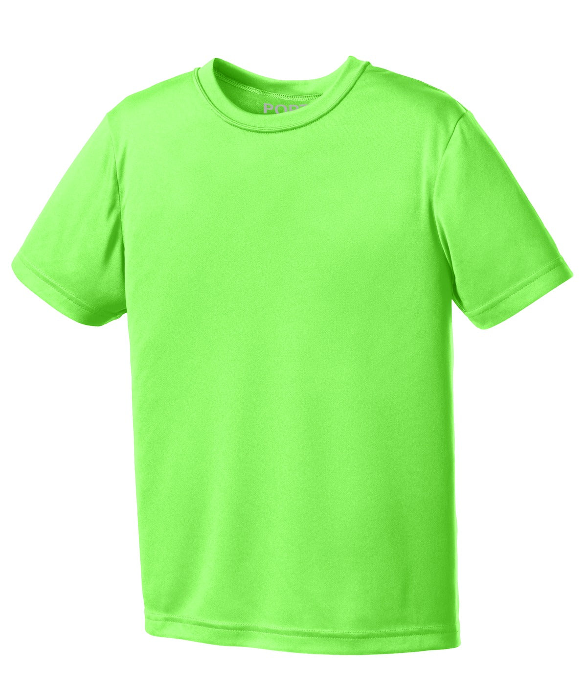 Front View of Neon Green Port & Company Youth Performance Tee. PC380Y