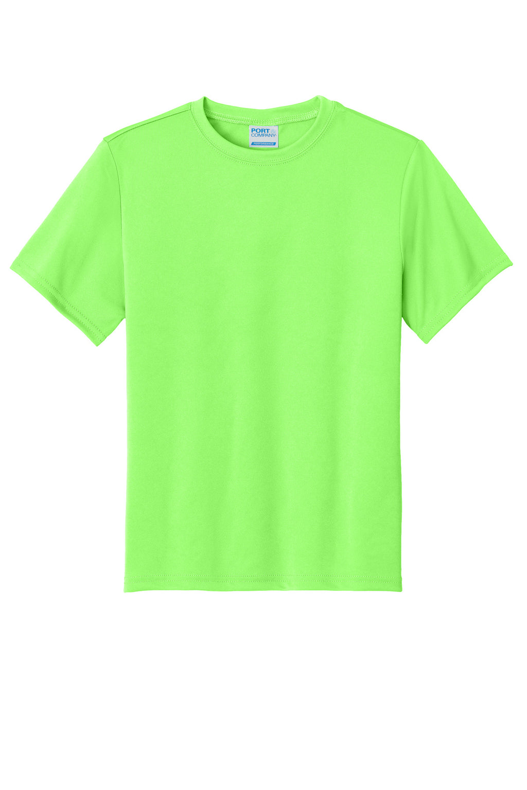 Front View of Neon Green Port & Company Youth Performance Tee. PC380Y