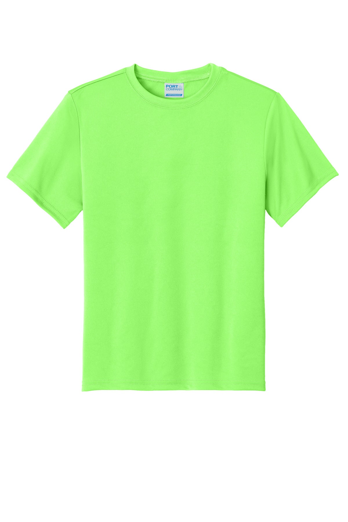Front View of Neon Green Port & Company Youth Performance Tee. PC380Y