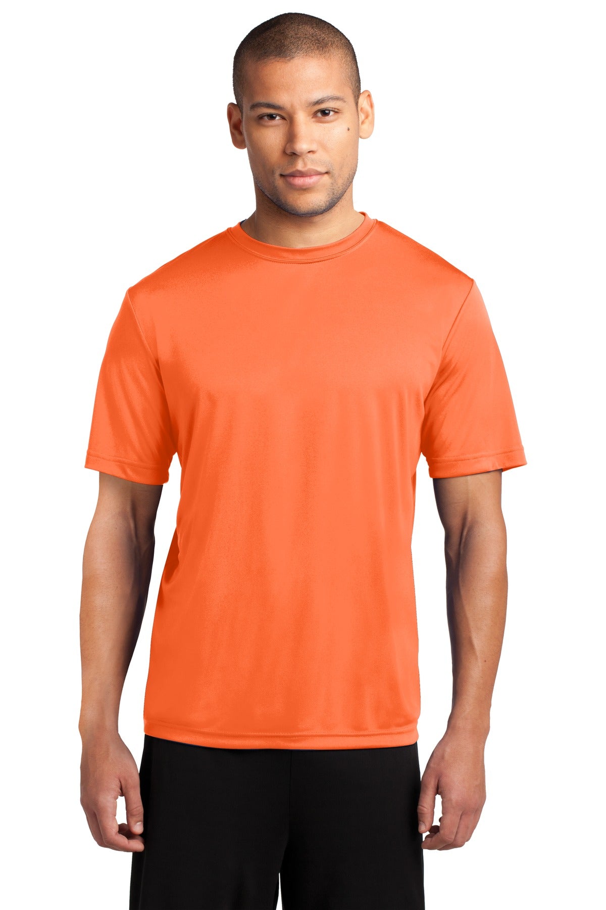 Front View of Neon Orange Port & Company Performance Tee. PC380