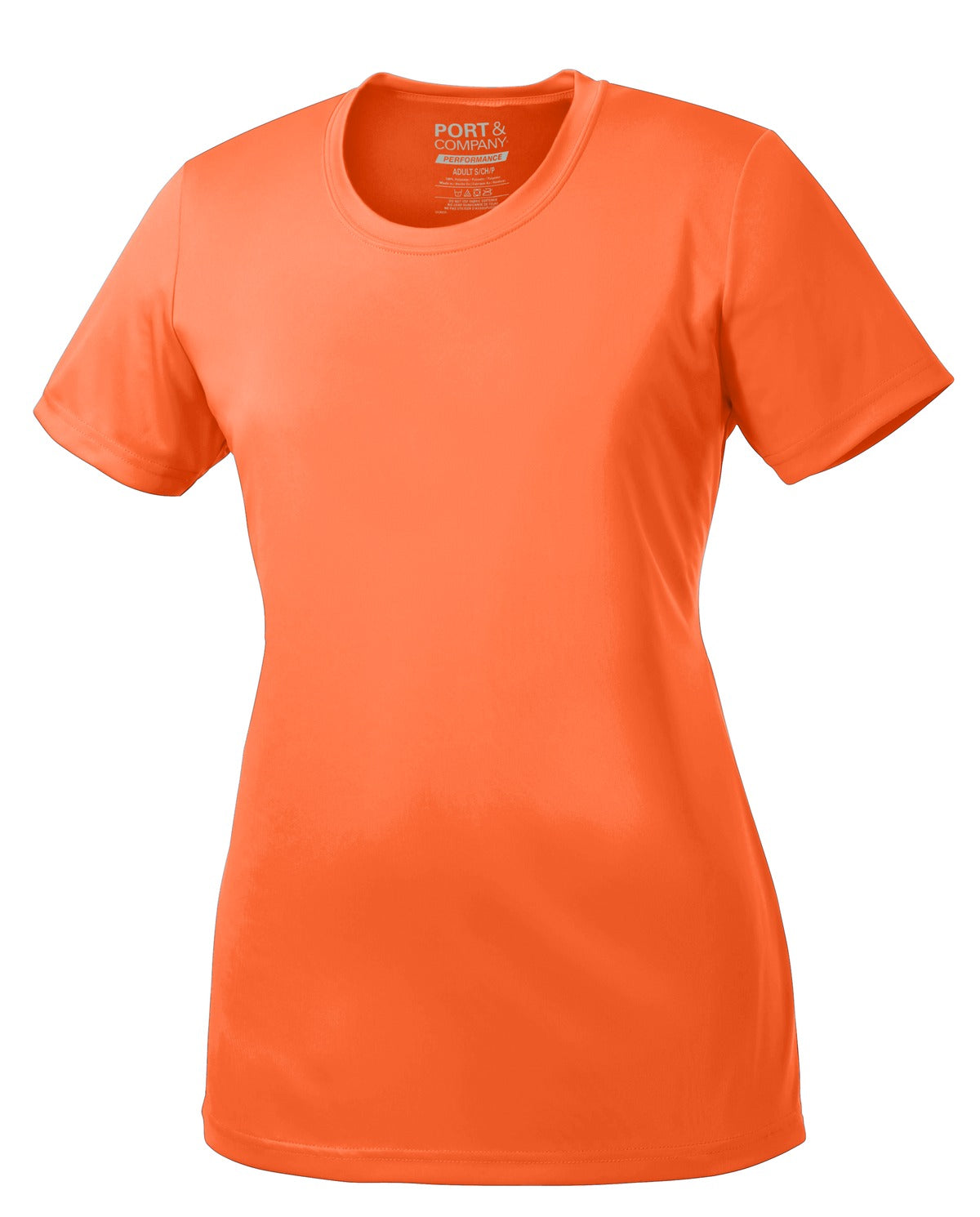 Front View of Neon Orange Port & Company Women's Performance Tee. LPC380