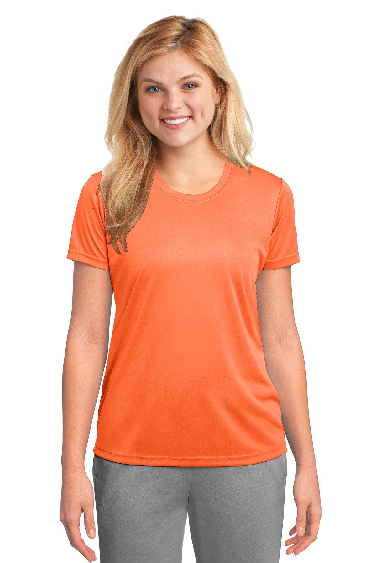 Front View of Neon Orange Port & Company Women's Performance Tee. LPC380
