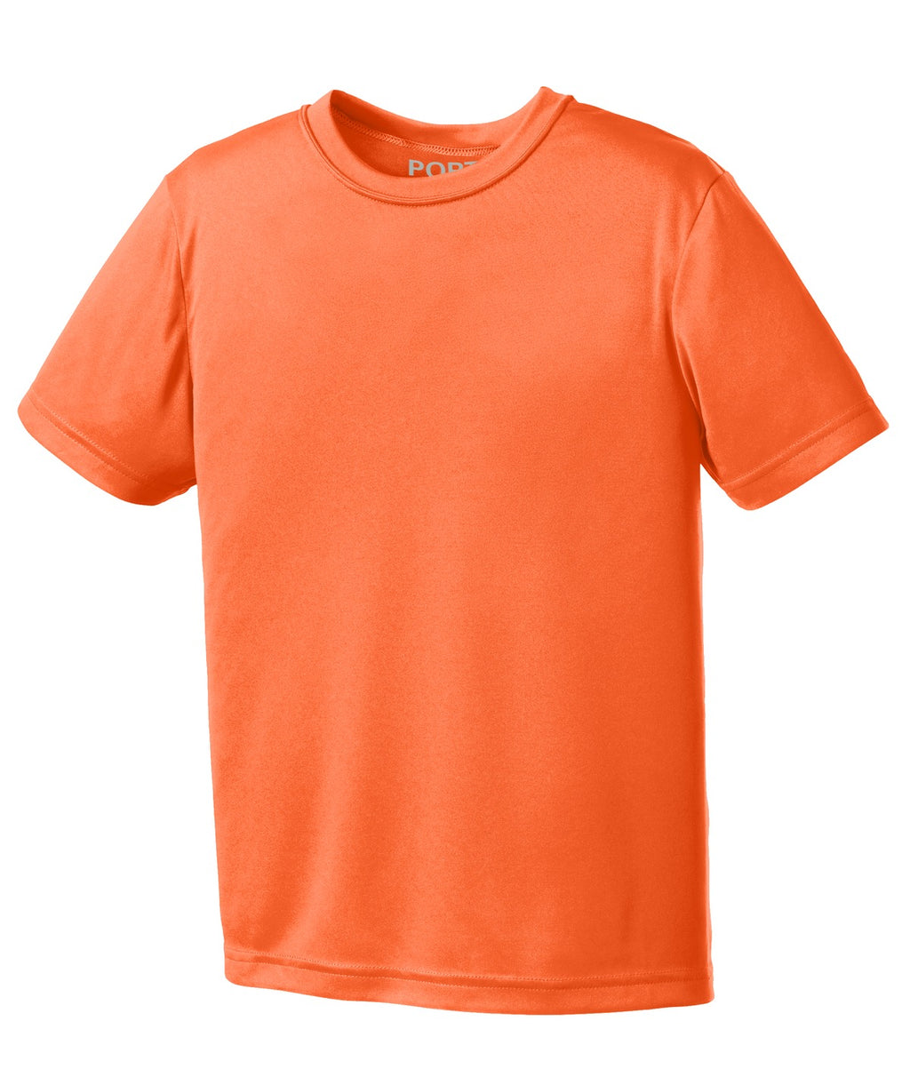 Front View of Neon Orange Port & Company Youth Performance Tee. PC380Y