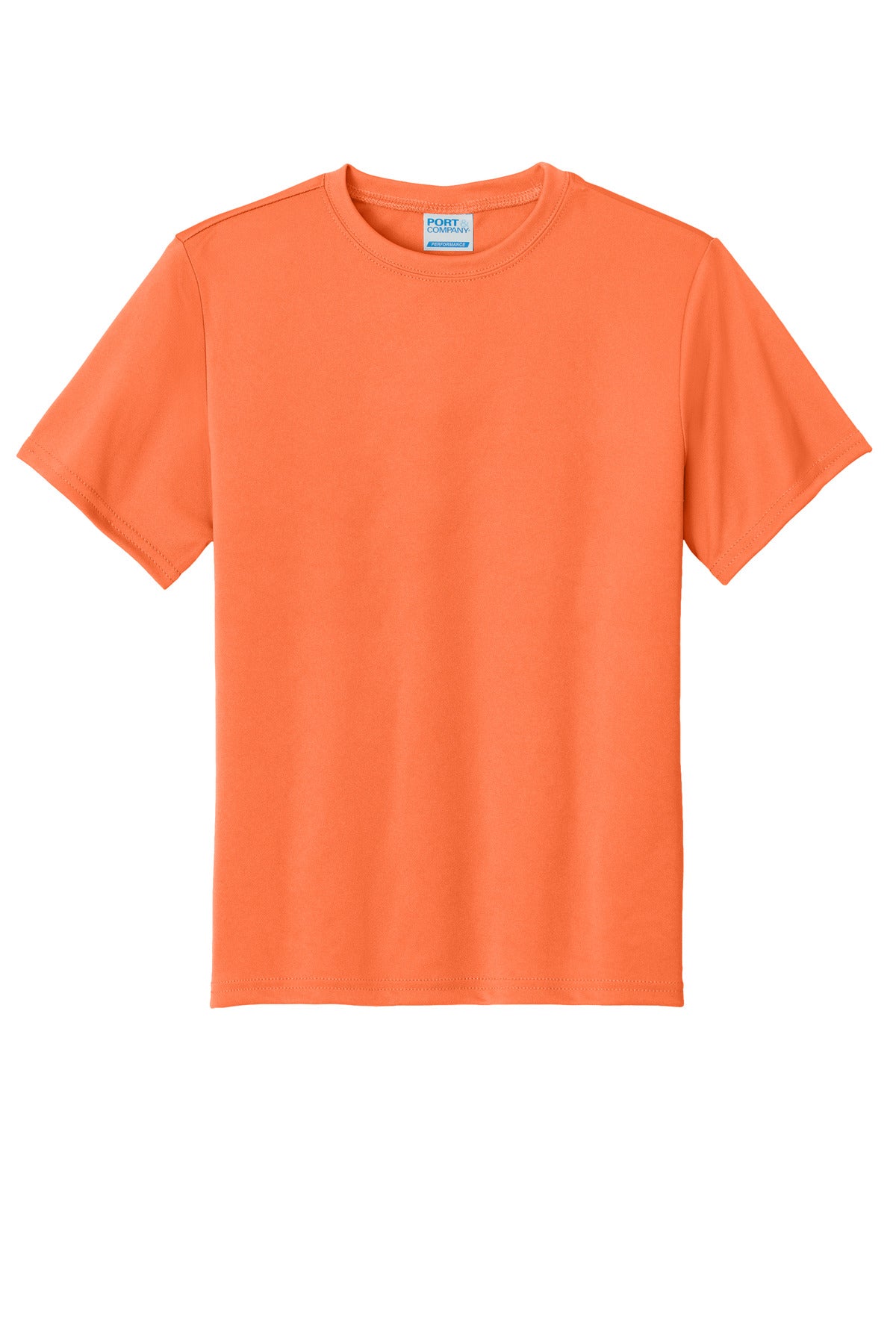 Front View of Neon Orange Port & Company Youth Performance Tee. PC380Y